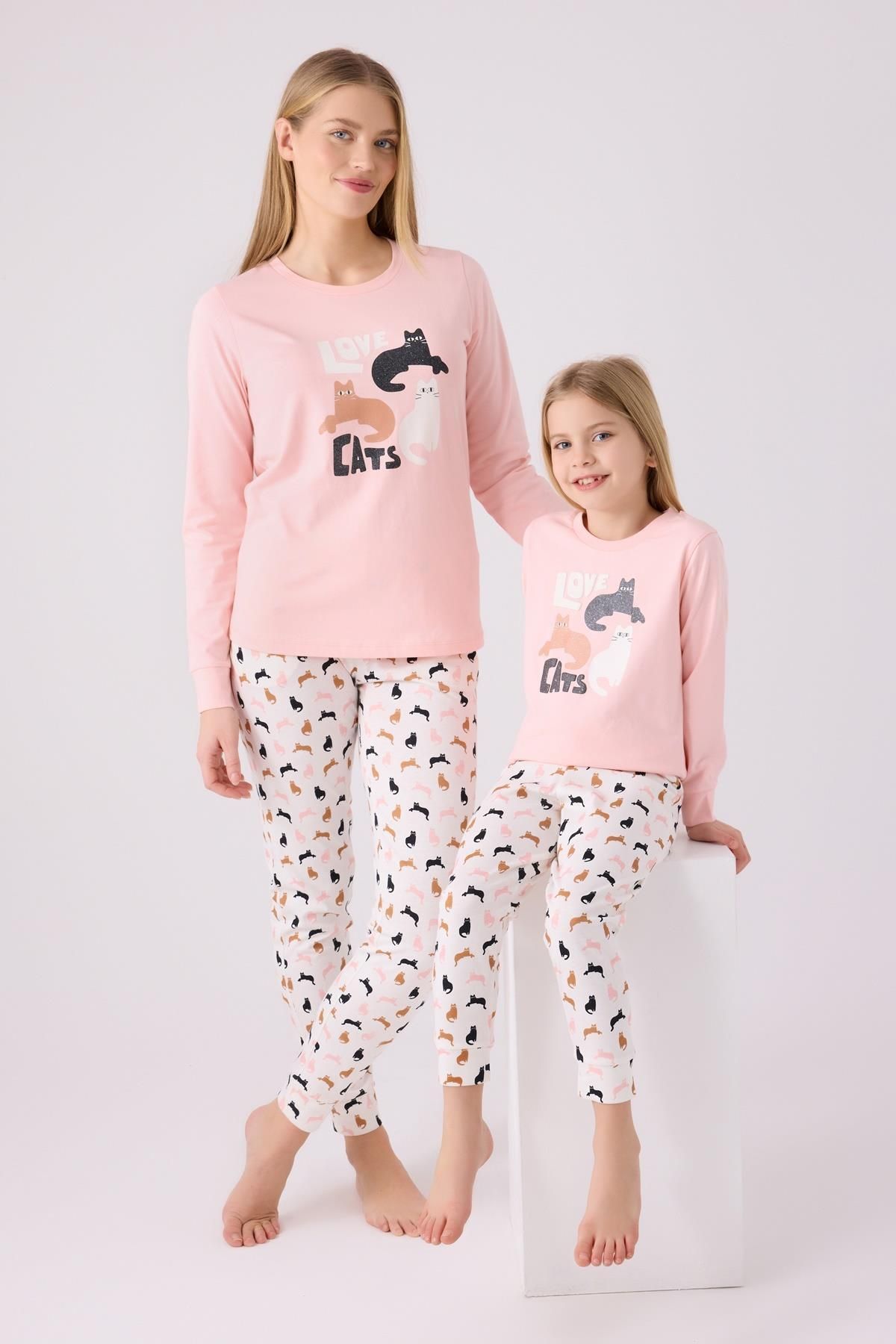 Arnetta %100 Pamuk Kedi Resimli Anne Kız Pijama Takım, (ayrı ayrı fiyatlandırılır)
