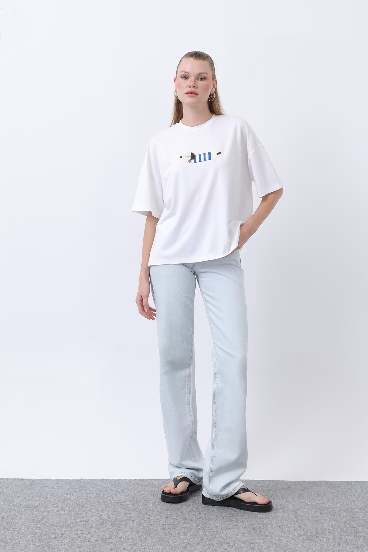 Soul Kadın Köpek Nakışlı Basic Tshirt -32255TSH - ECRU
