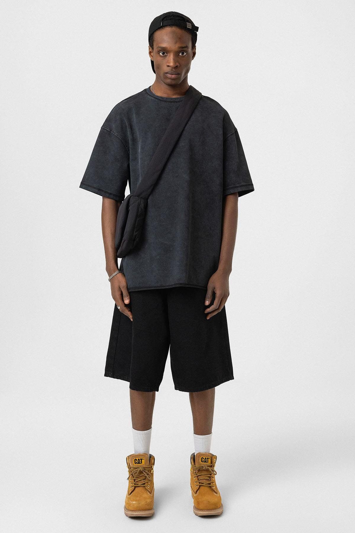VAMOSCLO Yıkamalı Basic Oversize Tişört Siyah