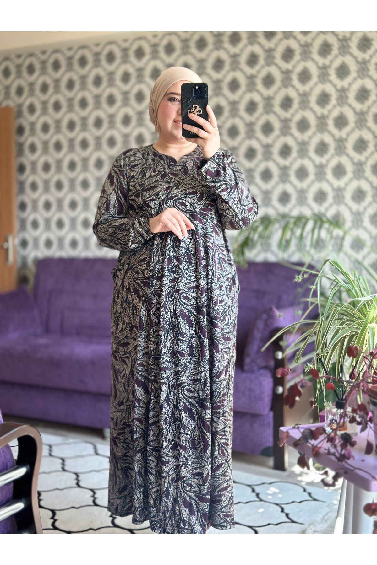 TDYtrendy Giyim Kadın Anne Hakim Yaka Büyük Beden Cepli Desenli Elbise