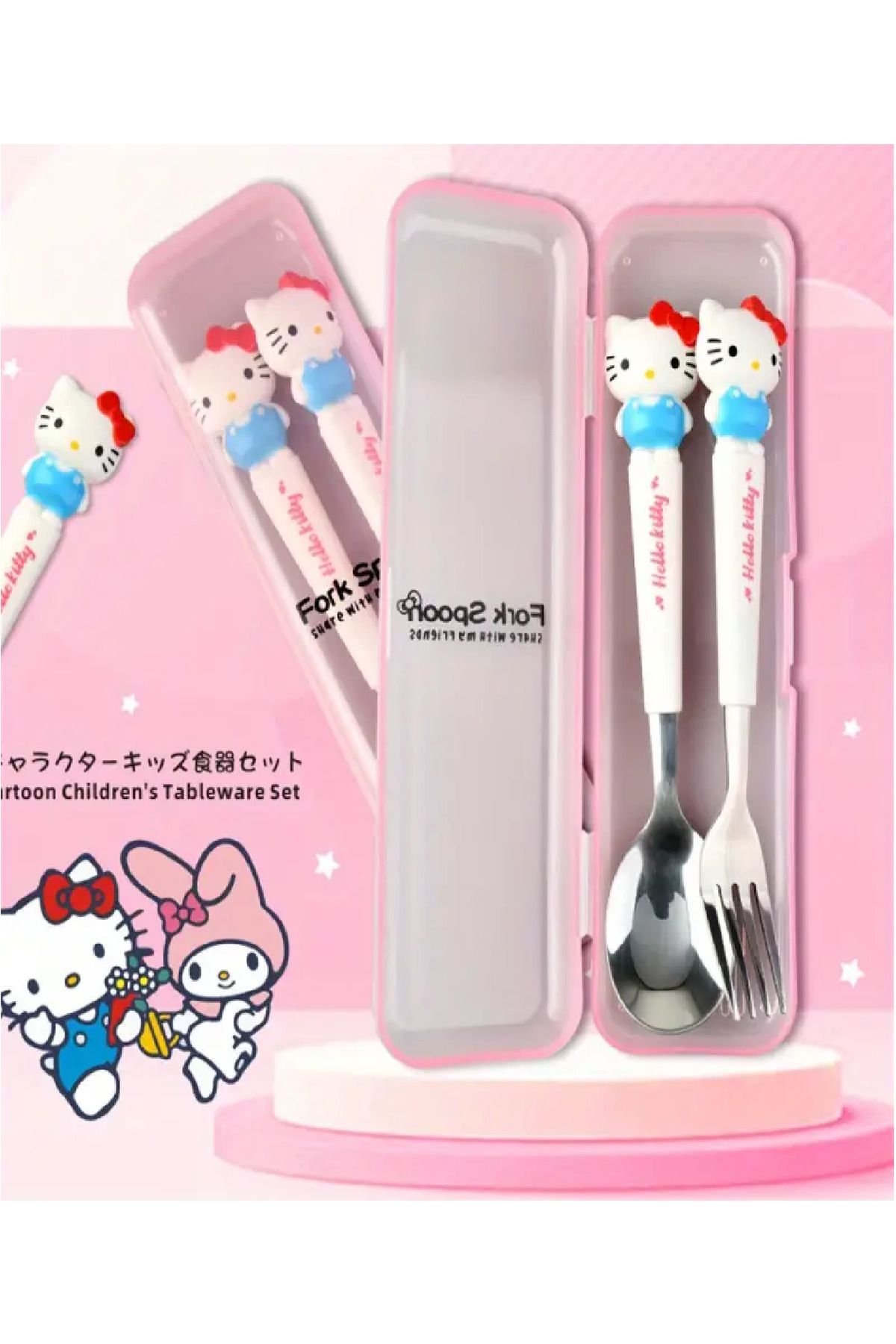 BABUN 2 li Paslanmaz Çelik Sanrio Kuromi Hello Kitty My Melody Çatal Kaşık Takımı Çocuk Çatalı Kaşığı