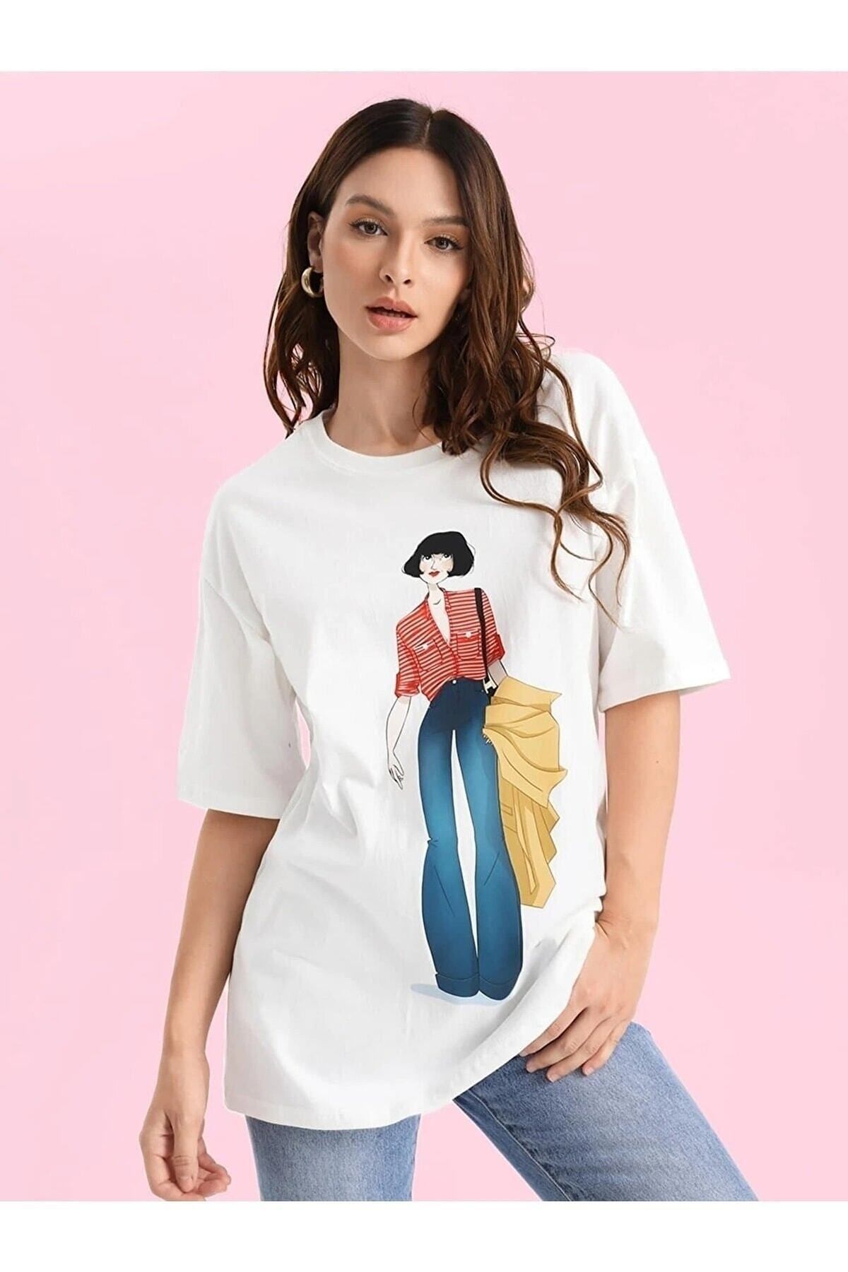 Hunors Sportswear & Company Cool Woman Baskılı Beyaz Kadın / Kız Oversize Salaş T-shirt Boyfriend