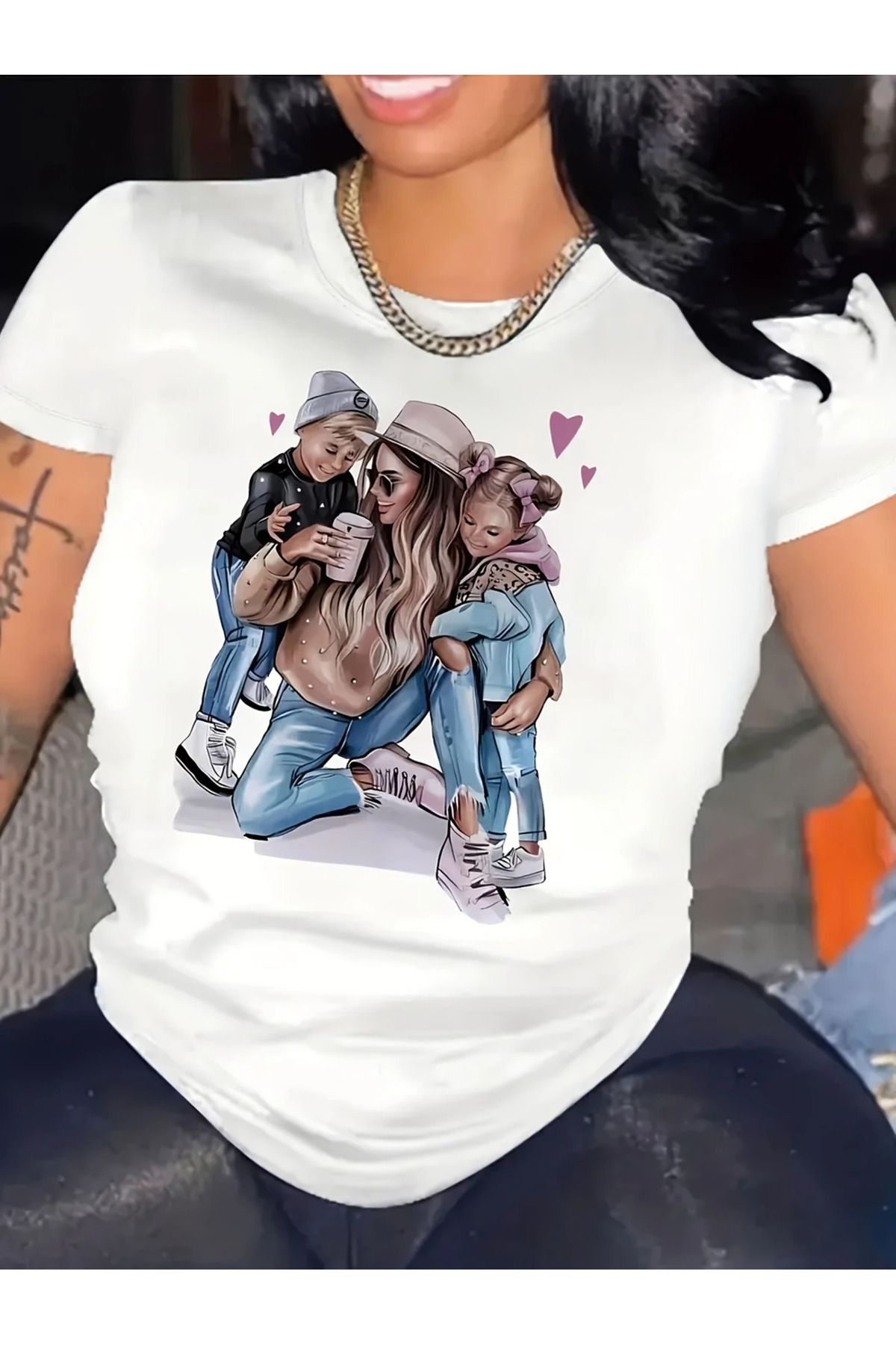 LUNAVISTA Kadın "Annem ve Ben" Baskılı Tişört, yuvarlak yakalı ve kısa kollu, polyester karışımı