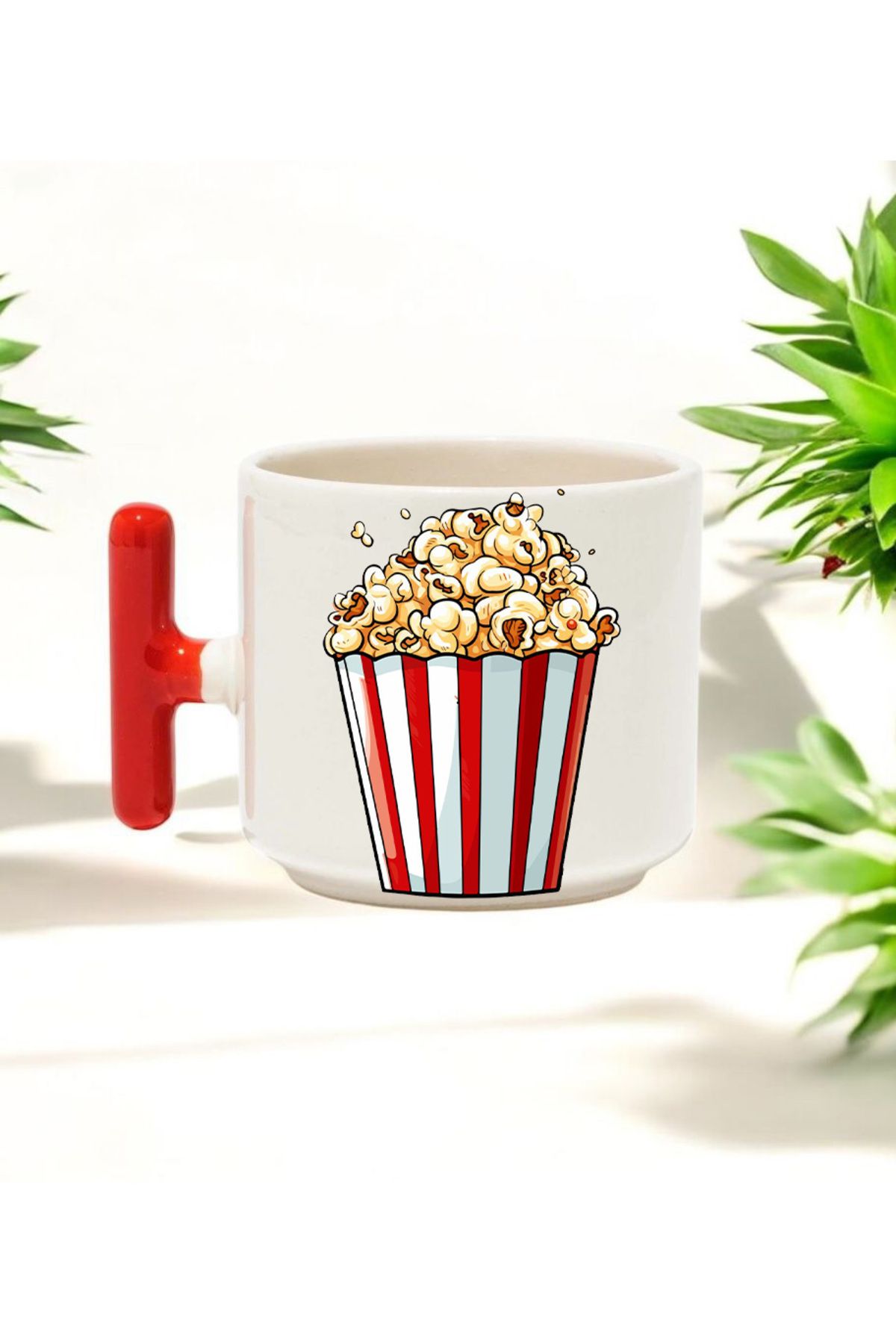 BB TRADE Popcorn Tasarımlı Kırmızı T Kulplu Seramik Baskılı Kupa Bardak 250 ML