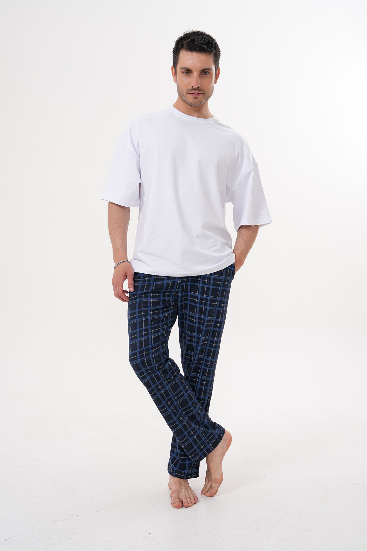 Pijamasoft Erkek Pamuklu Cepli Ekose Baskılı Beli Lastikli Yazlık Pijama Altı Lacivert - Mavi 9