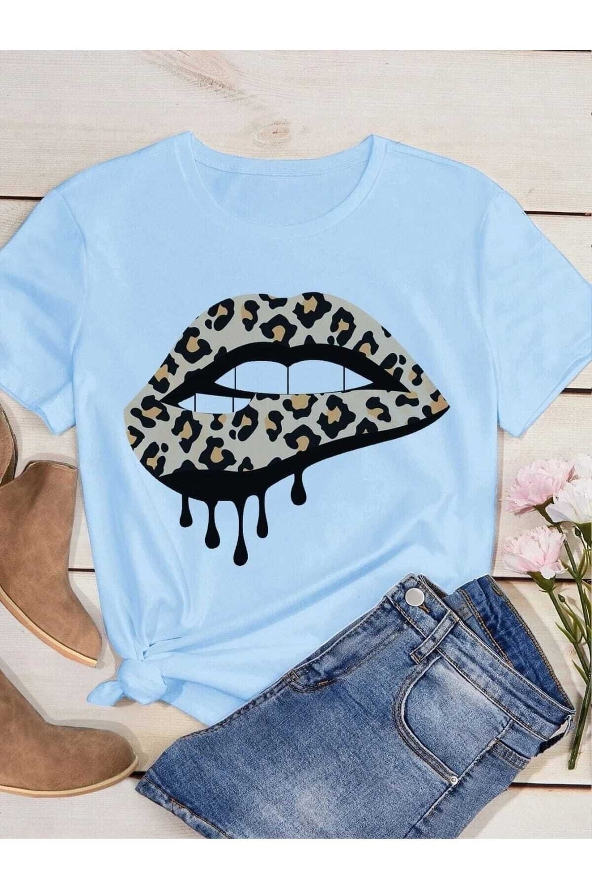 Boi Kadın / Kız Leopard Lip Baskılı Oversize T-shirt Salaş Boyfirend