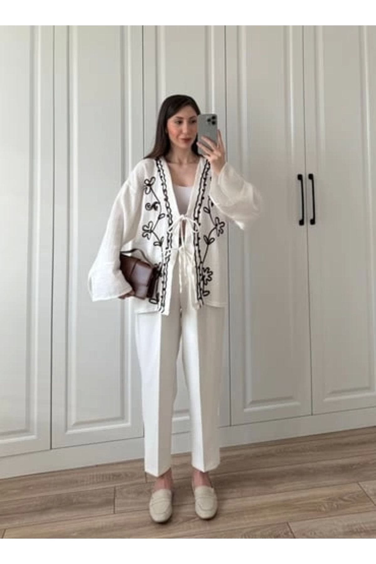 depo tekstil Krem Nakış İşlemeli Müslin Kimono