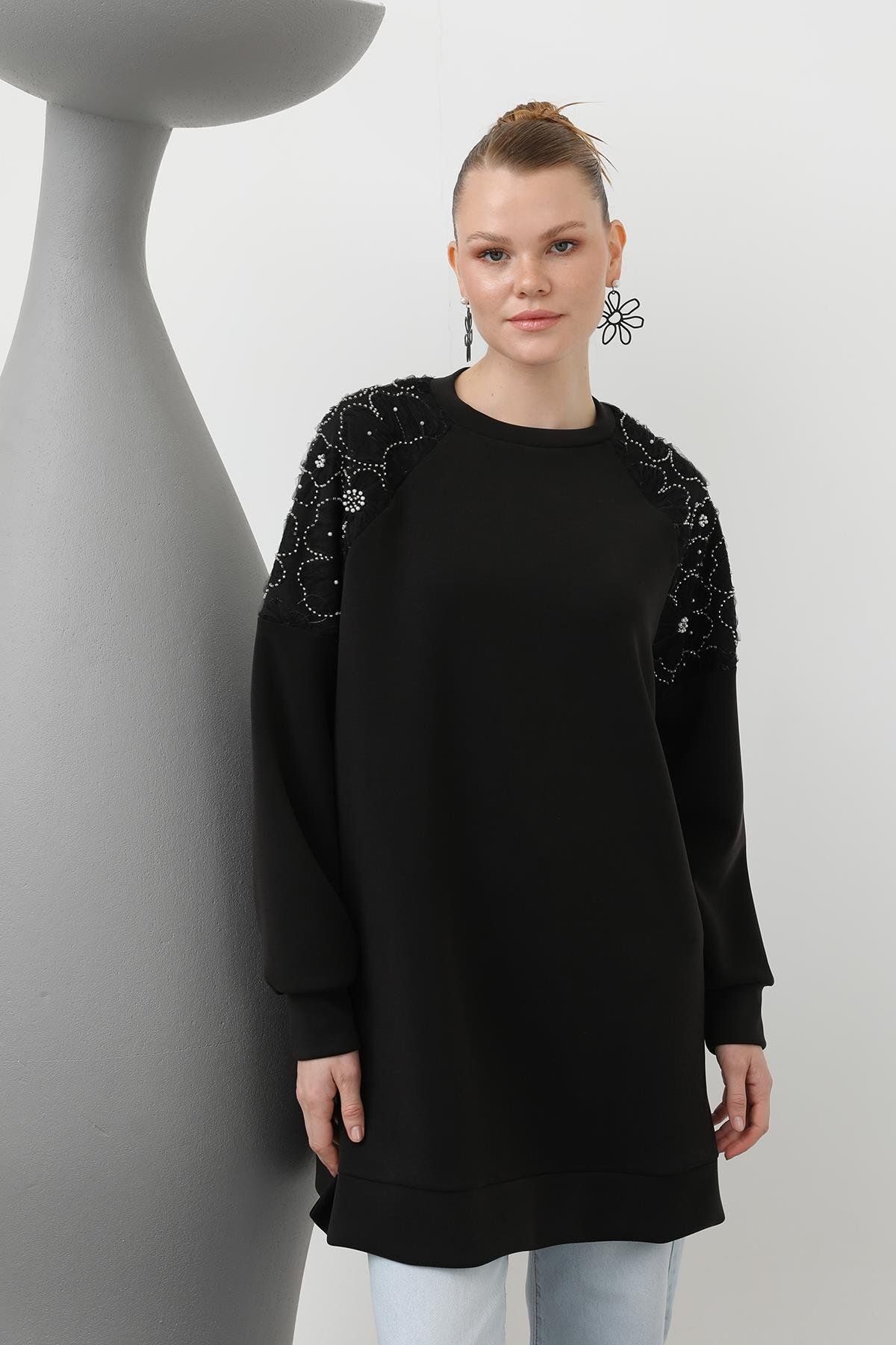 Puane Kadın Omuzları Tül Detaylı Tunik - 10616TUN - BLACK