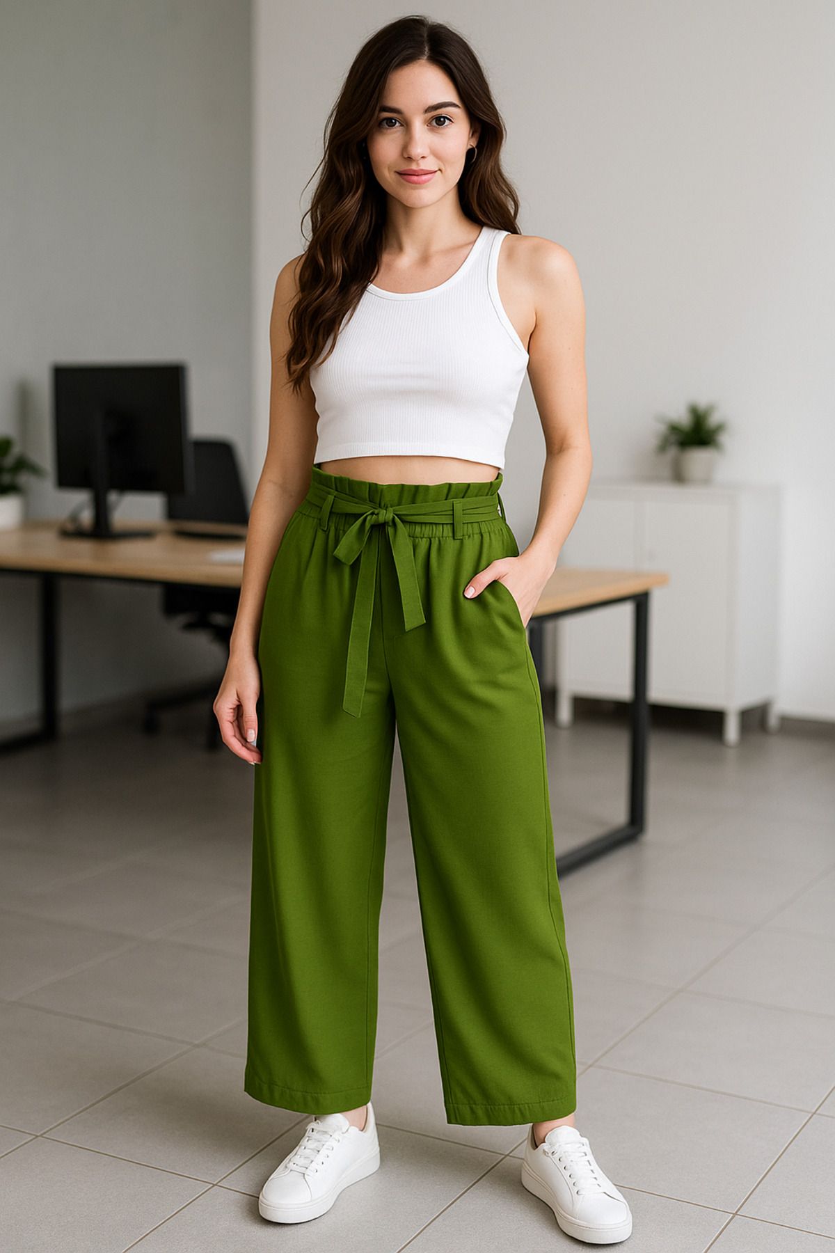 Hayalet Özel Tasarım Beli Lastikli Yandan Cepli Bol Paça Keten Pantolon - M/XL