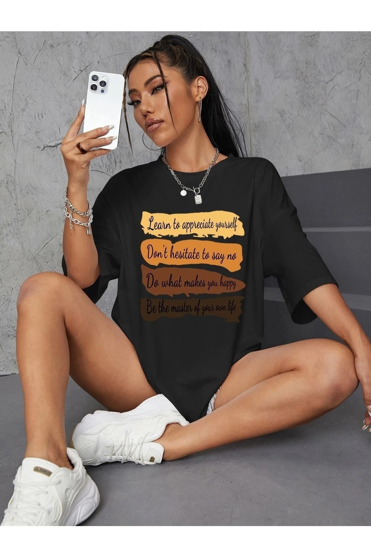 Boi Kadın / Kız Siyah Oversize T-shirt Pastel Baskılı