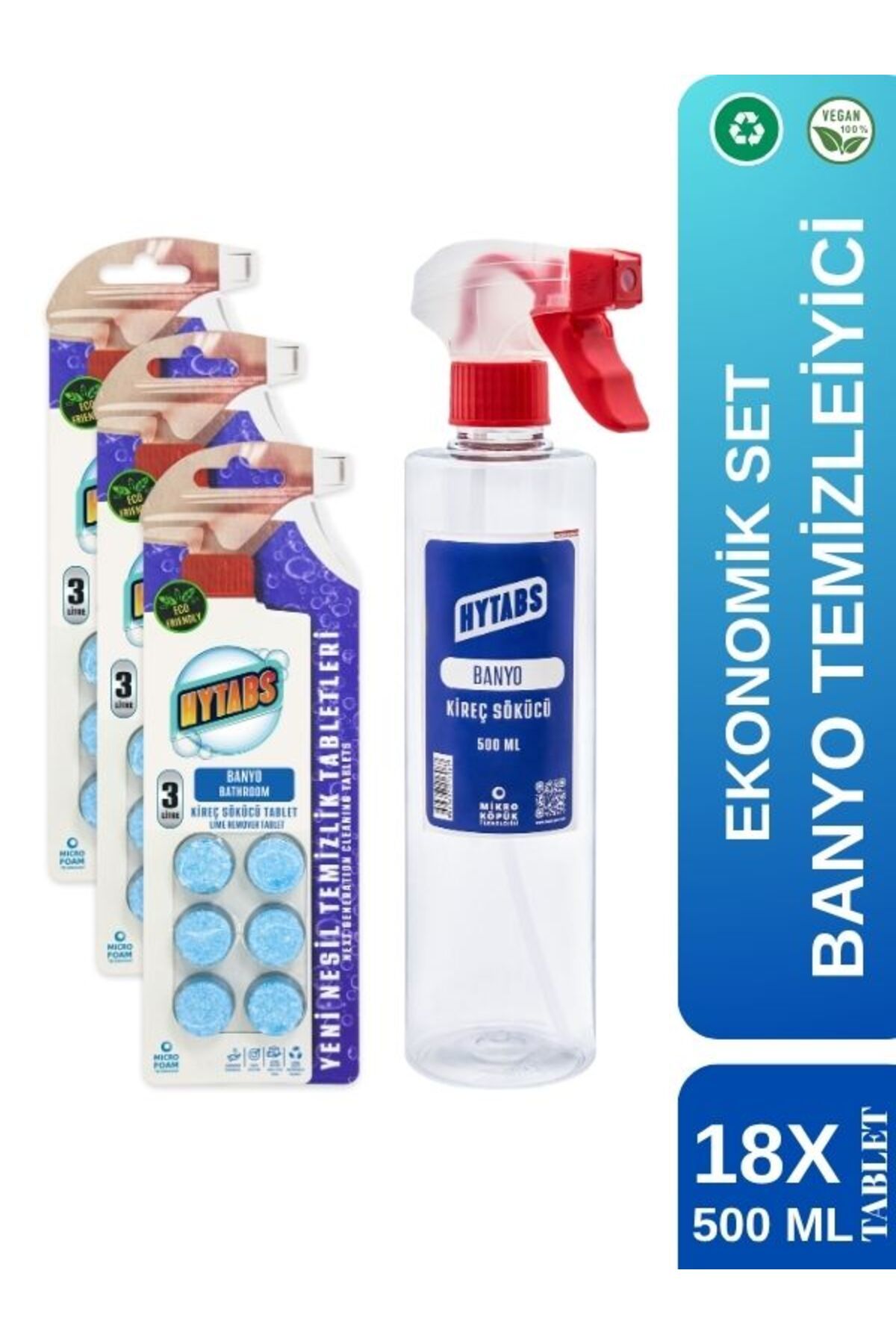 Hytabs Kireç Sökücü Banyo Temizlik Tabletleri Ekonomik Set 18 Tablet x 500 ml Vegan Sıfır Atık