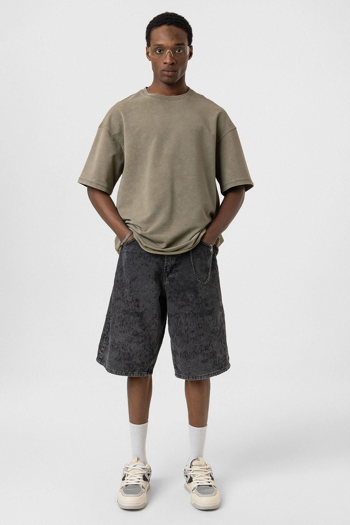 VAMOSCLO Yıkamalı Basic Oversize Tişört Haki