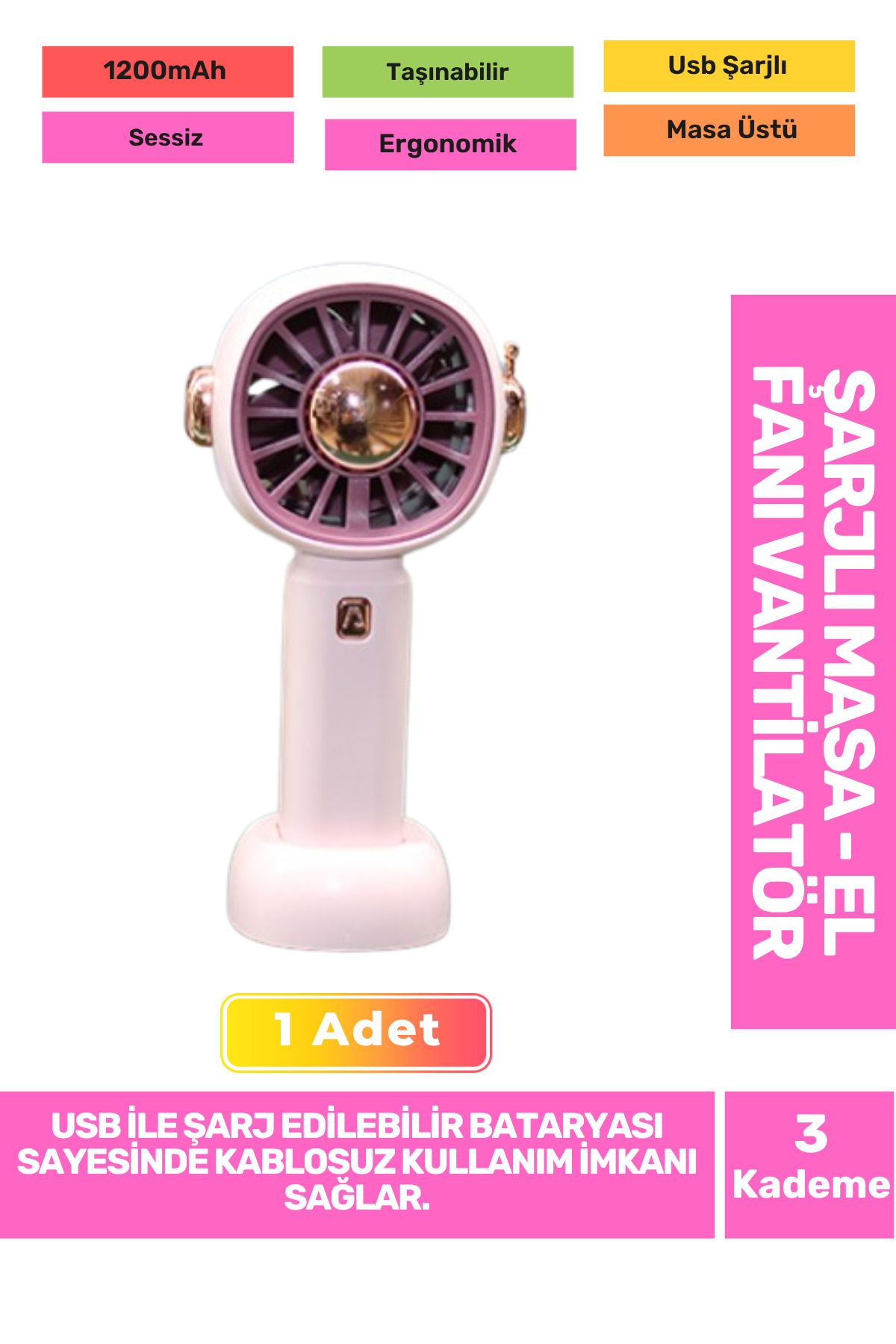 Fantazer 3 Kademeli Ultra Sessiz Hafif Kablosuz 1200mAh Pervaneli Taşınabilir Usb Şarj Masa El Fan Vantilatör