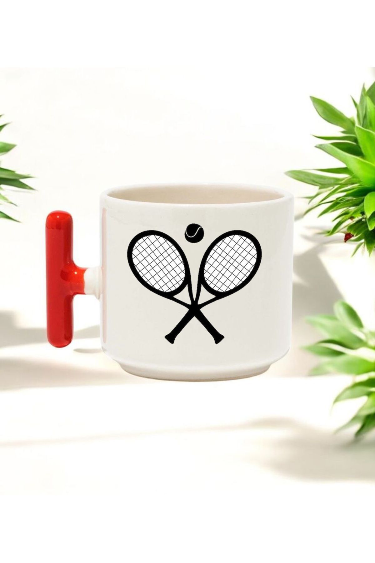 BB TRADE Tenis Tasarımlı Kırmızı T Kulplu Seramik Baskılı Kupa Bardak 250 ML