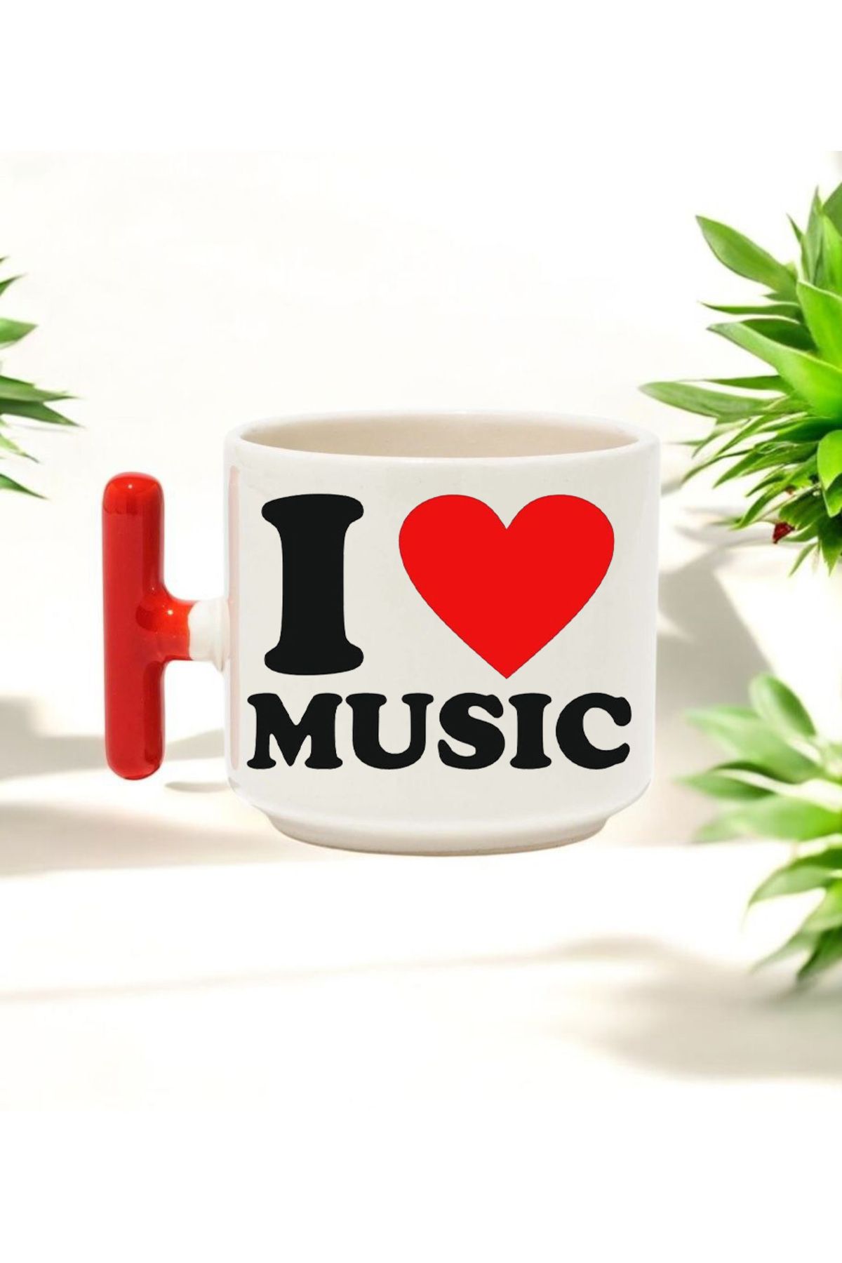 BB TRADE I Love Music Tasarımlı Kırmızı T Kulplu Seramik Baskılı Kupa Bardak 250 ML