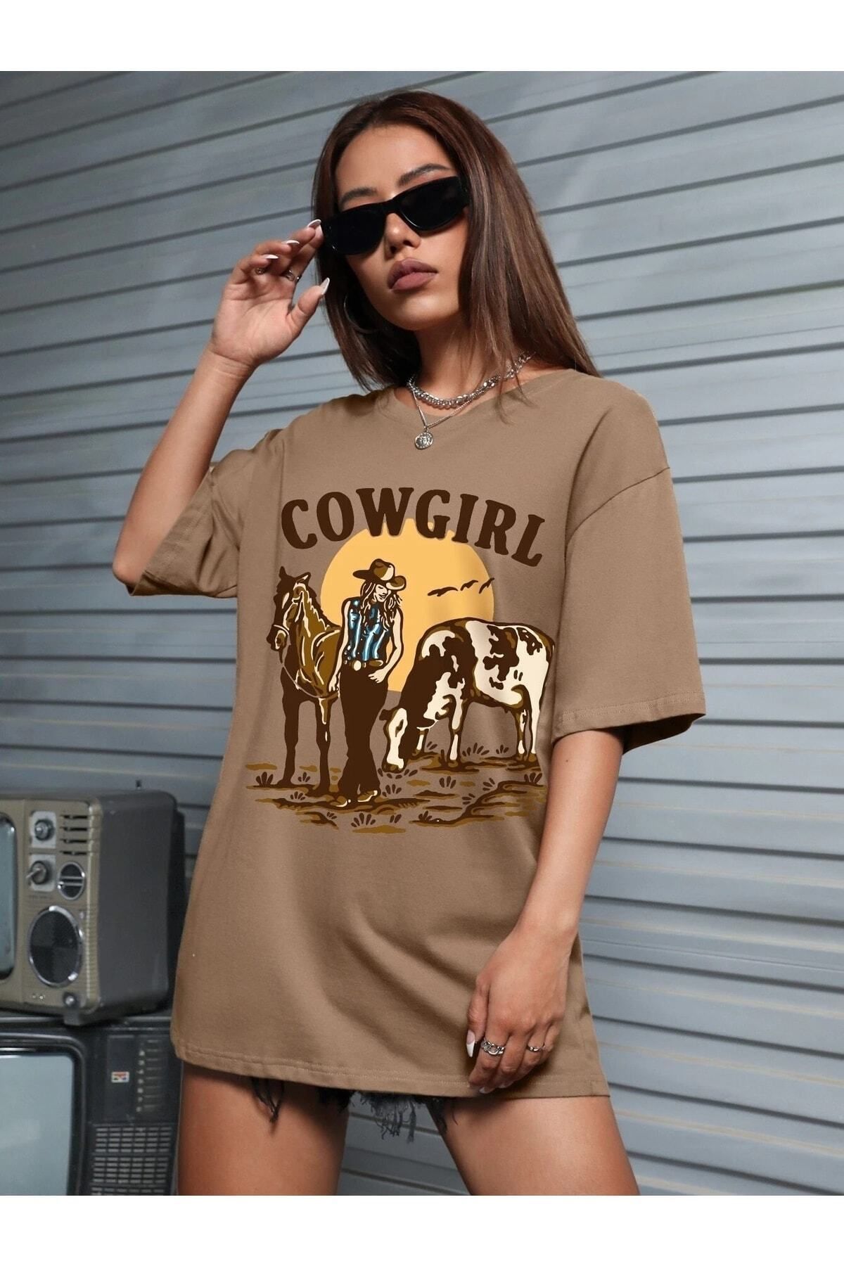 Hunors Sportswear & Company Cowgirl Baskılı Kadın / Kız Oversize Kahverengi T-shirt