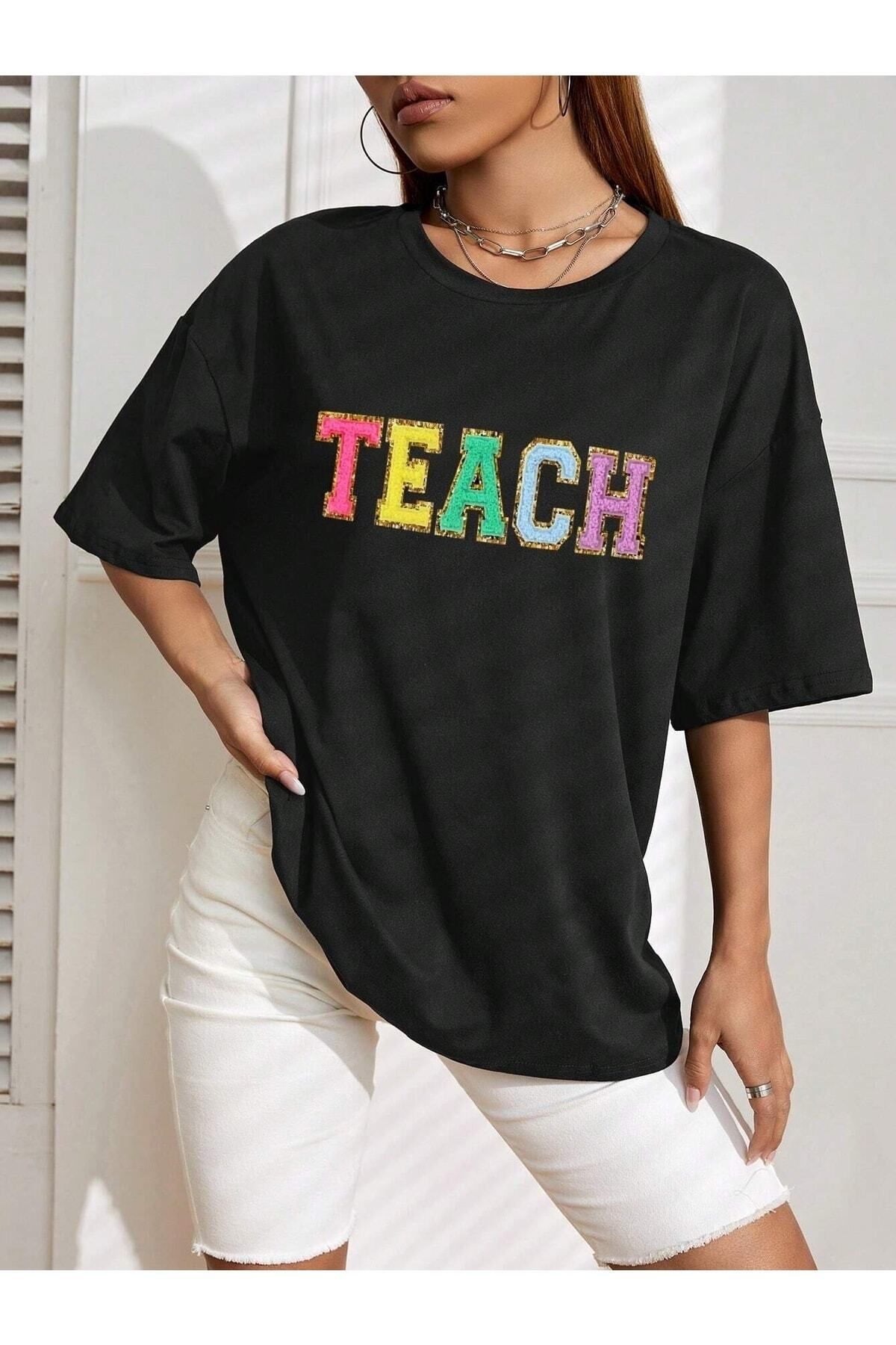 Boi Kadın / Kız Baskılı Siyah Oversize T-shirt Salaş Boyfirend