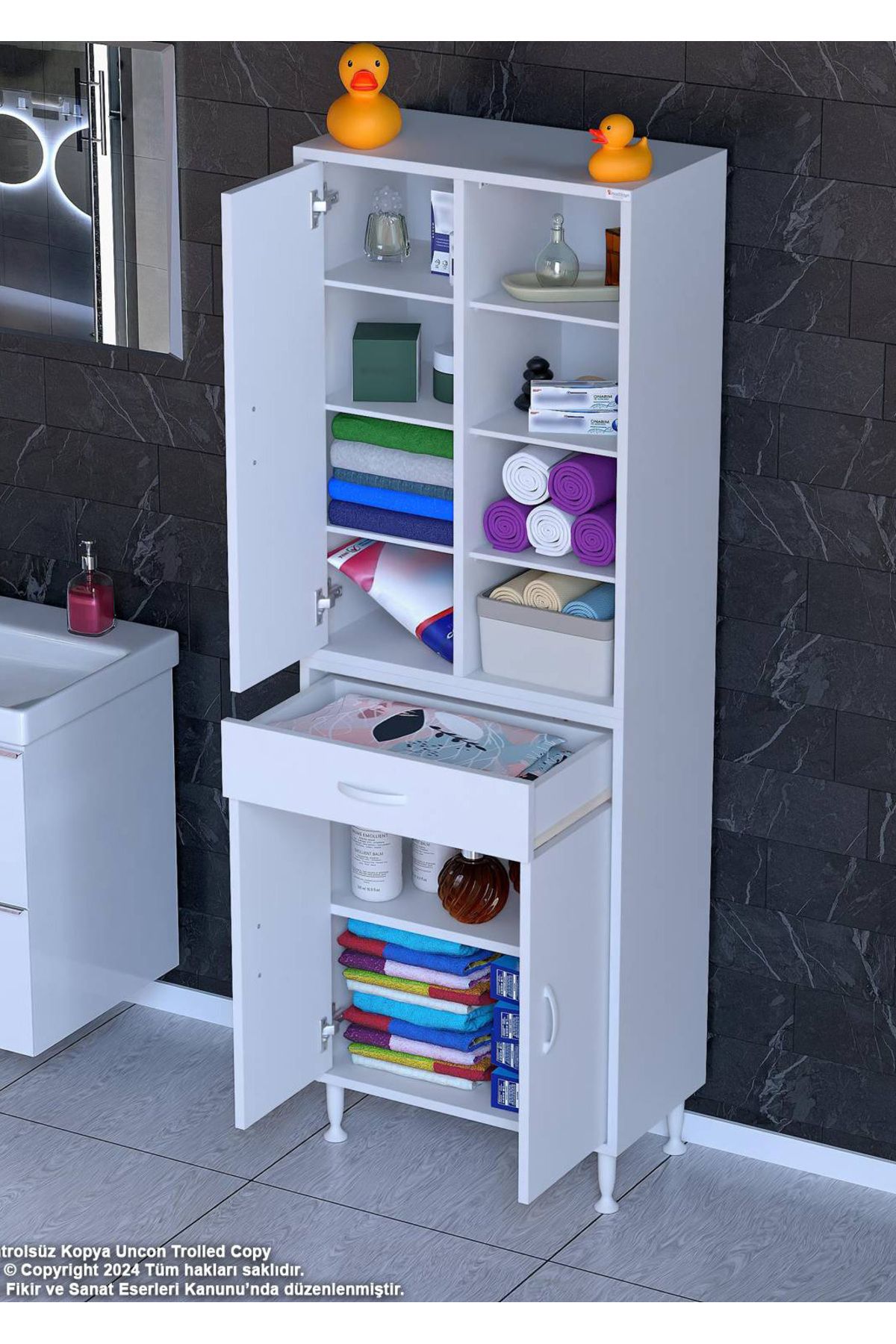 Modilayn 55 x 173 x 32,5 cm’lik 1 Çekmece 3 Kapak 7 Raf 10 Gözlü Organizatör Mutfak Dolabı Çok Amaçlı Dolap