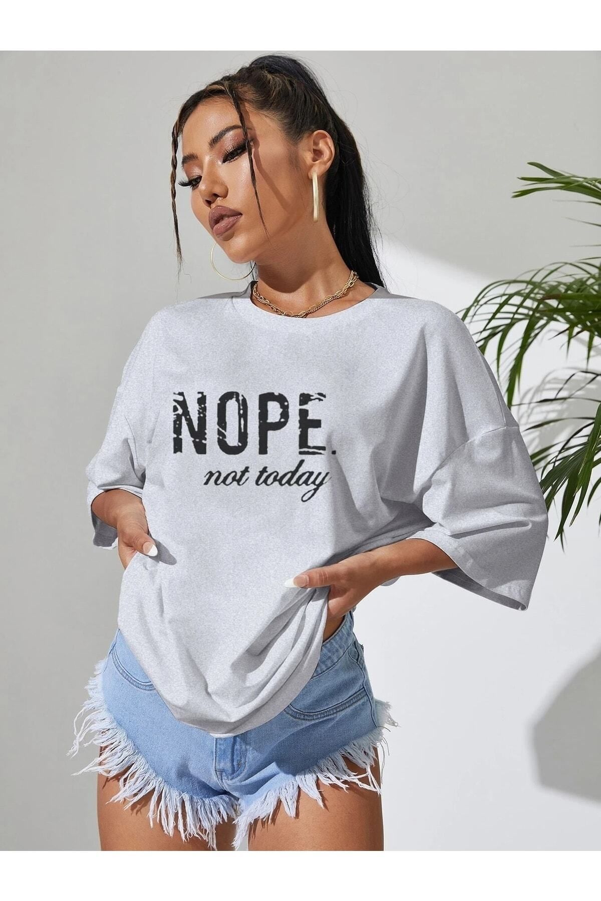Hunors Sportswear & Company Nope Baskılı Kadın / Kız Oversize Gri Salas T-shirt Boyfriend