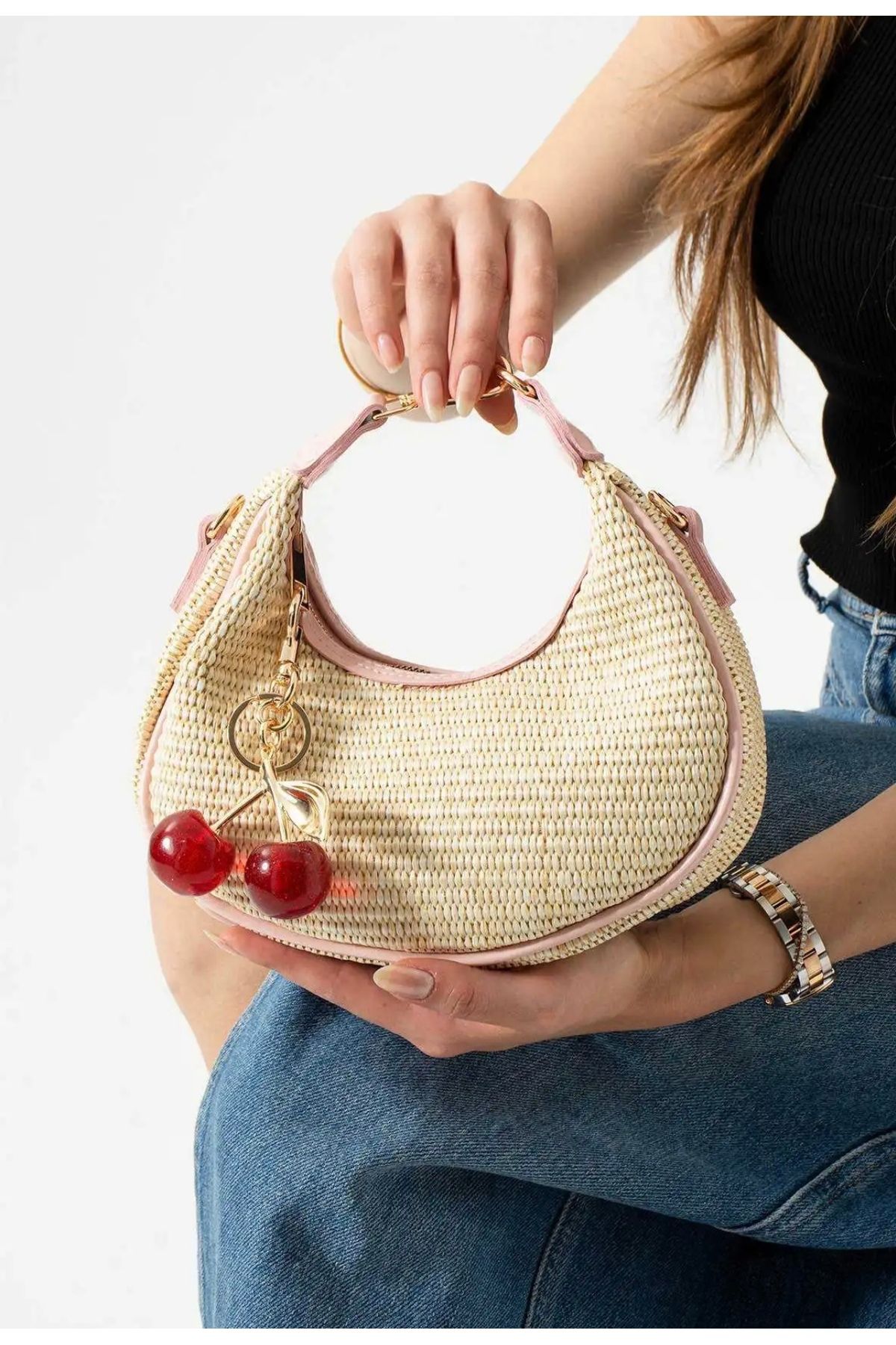 grand coco Kadın pempe hasır charm hediyeli el ve omuz çantası