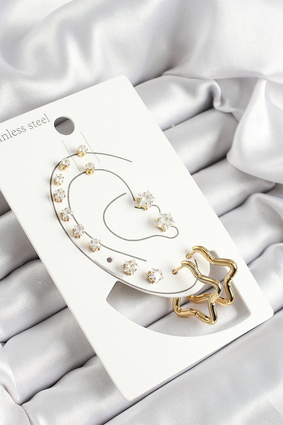 Clariss 316L Çelik Yıldız Figürlü Ve Zirkon Taşlı Gold Renk 7'li Çift Kadın Küpe Set