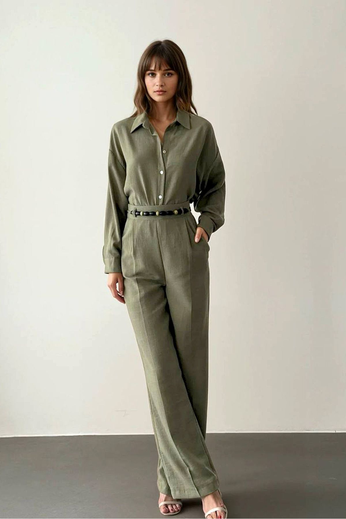 studio fashion 1988 Kahve Premium Kemeri Boncuklu Gömlekli İkili Takım