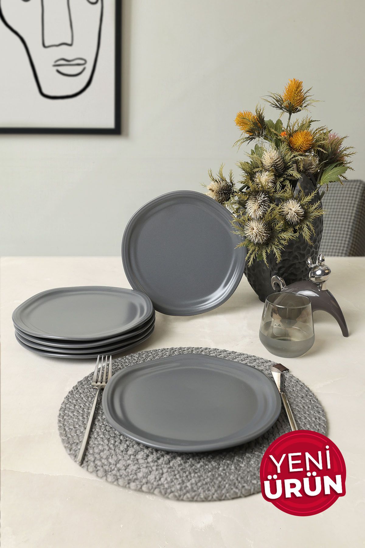Keramika Mat Gri Bloom Pasta Tabağı 24 Cm 6 Adet 959