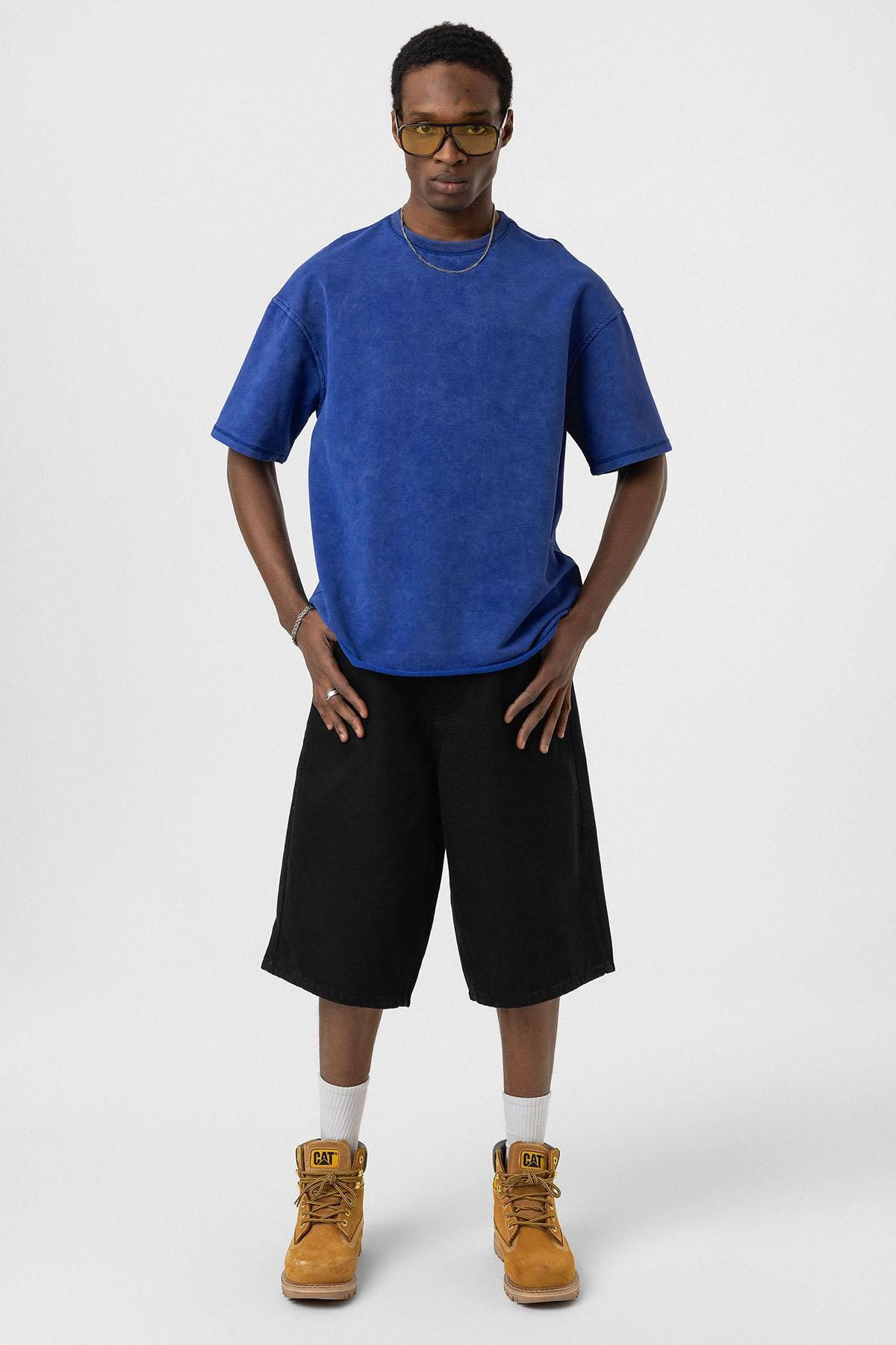 VAMOSCLO Yıkamalı Basic Oversize Tişört Saks