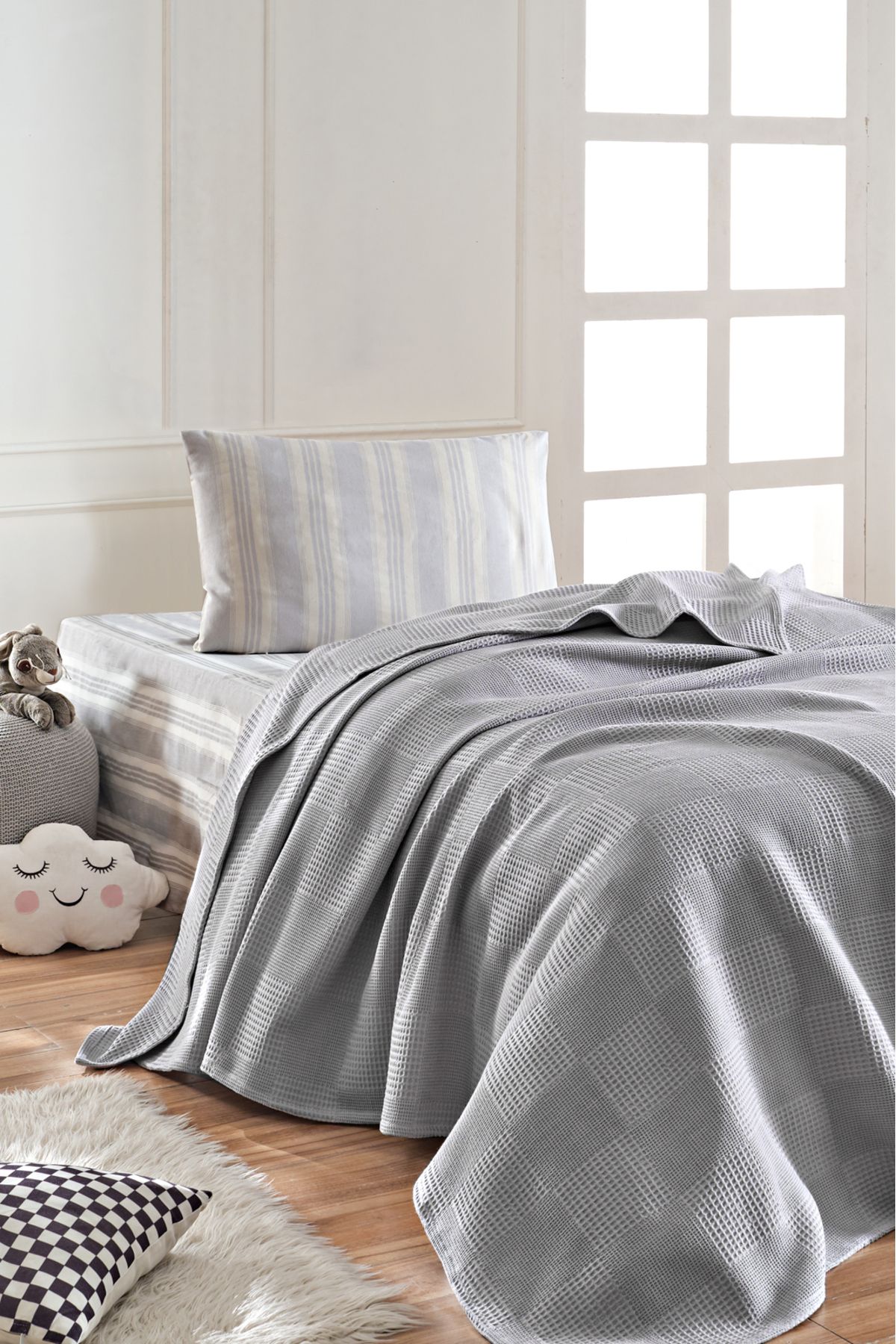 Eponj Home Çarşaflı Pike Takımı Tek Kişilik %100 Pamuk 3 Parça SoftÇizgili Desenli Gri – Weave Serisi