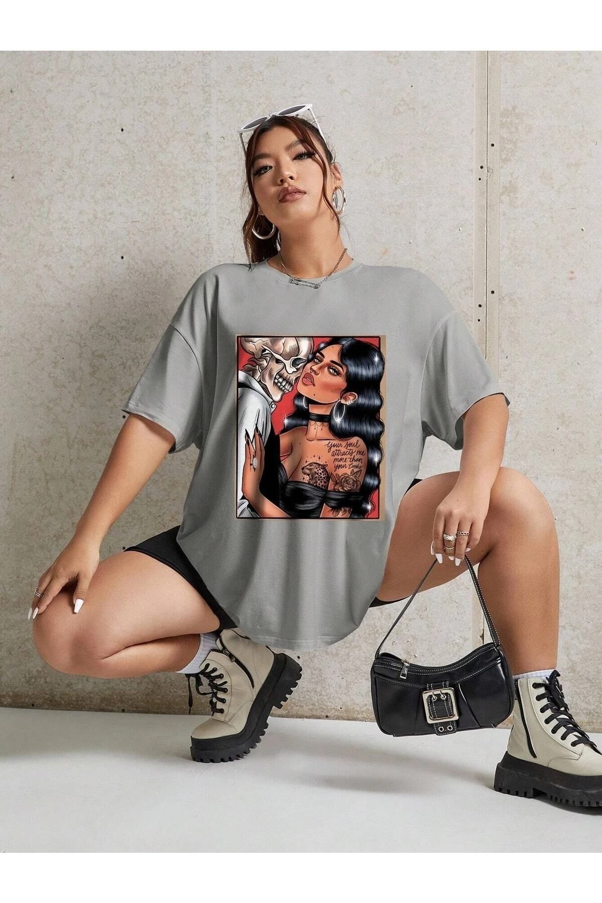 Hunors Sportswear & Company Skeleton Baskılı Kadın / Kız Oversize Salaş T-shirt Boyfirend