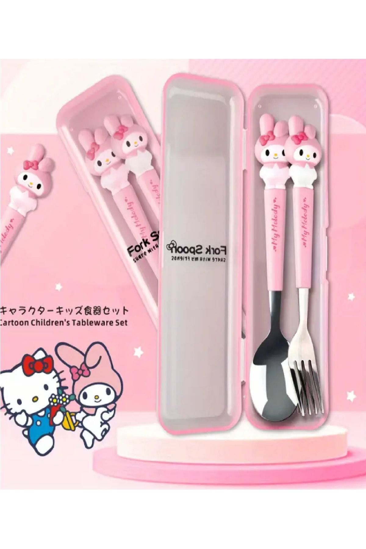 BABUN 2 li Paslanmaz Çelik Sanrio Kuromi Hello Kitty My Melody Çatal Kaşık Takımı Çocuk Çatalı Kaşığı