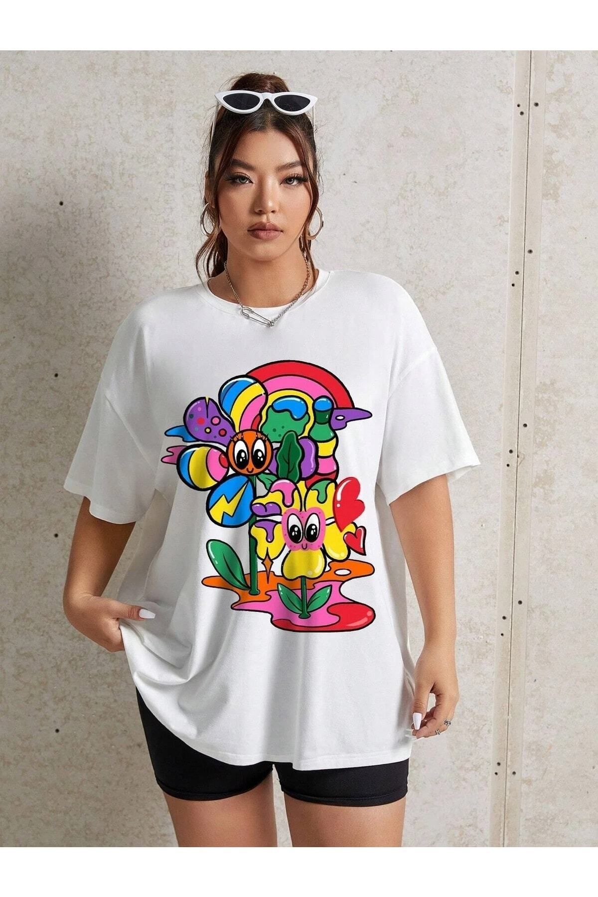 Hunors Sportswear & Company Kadın / Kız Graphic Drop Baskılı Beyaz Oversize T-shirt Salaş Boyfirend
