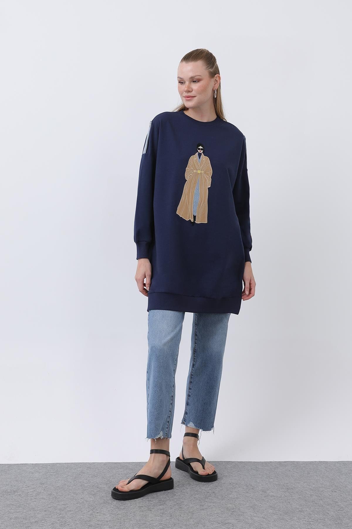Puane Kadın Önü Nakışlı Ve Baskılı Tunik - 10655TUN - NAVY