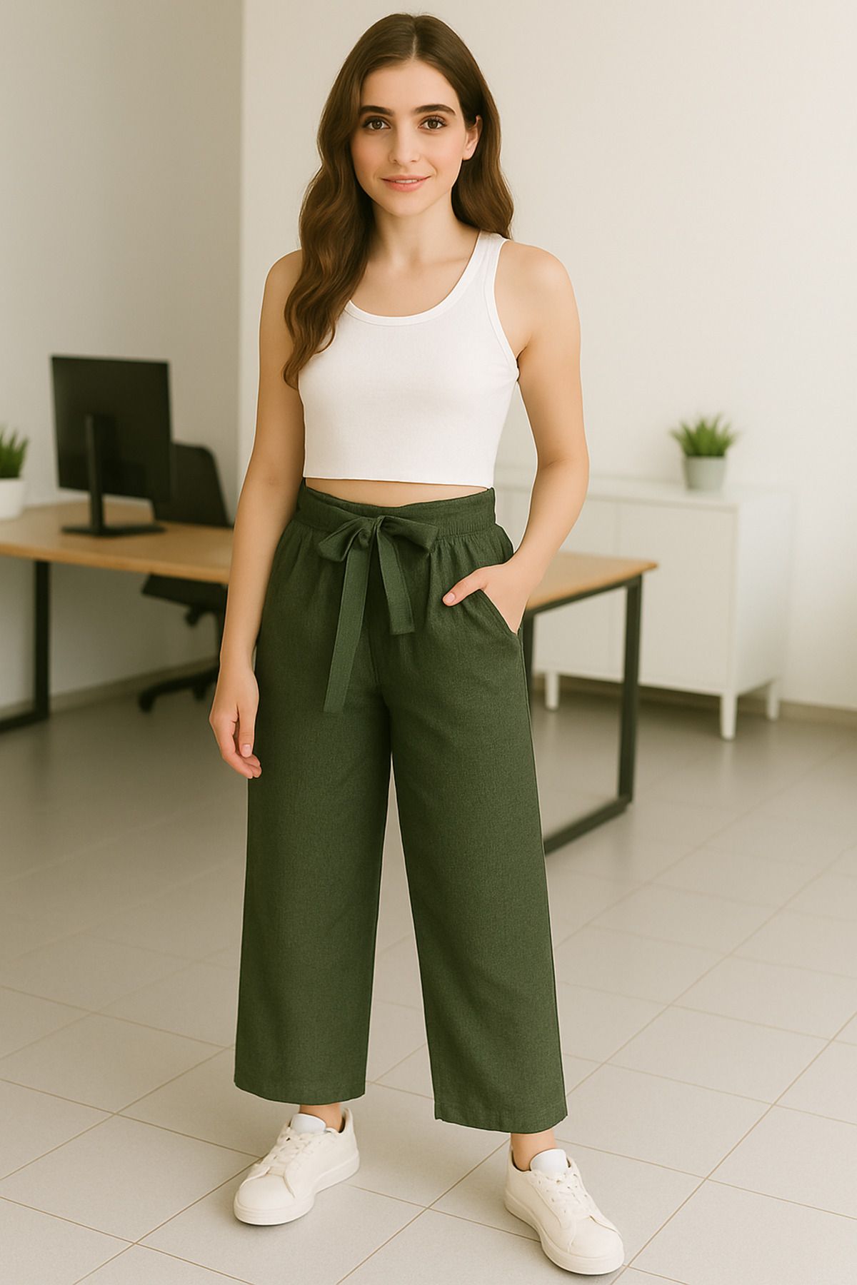 Hayalet Özel Tasarım Beli Lastikli Yandan Cepli Bol Paça Keten Pantolon - M/XL