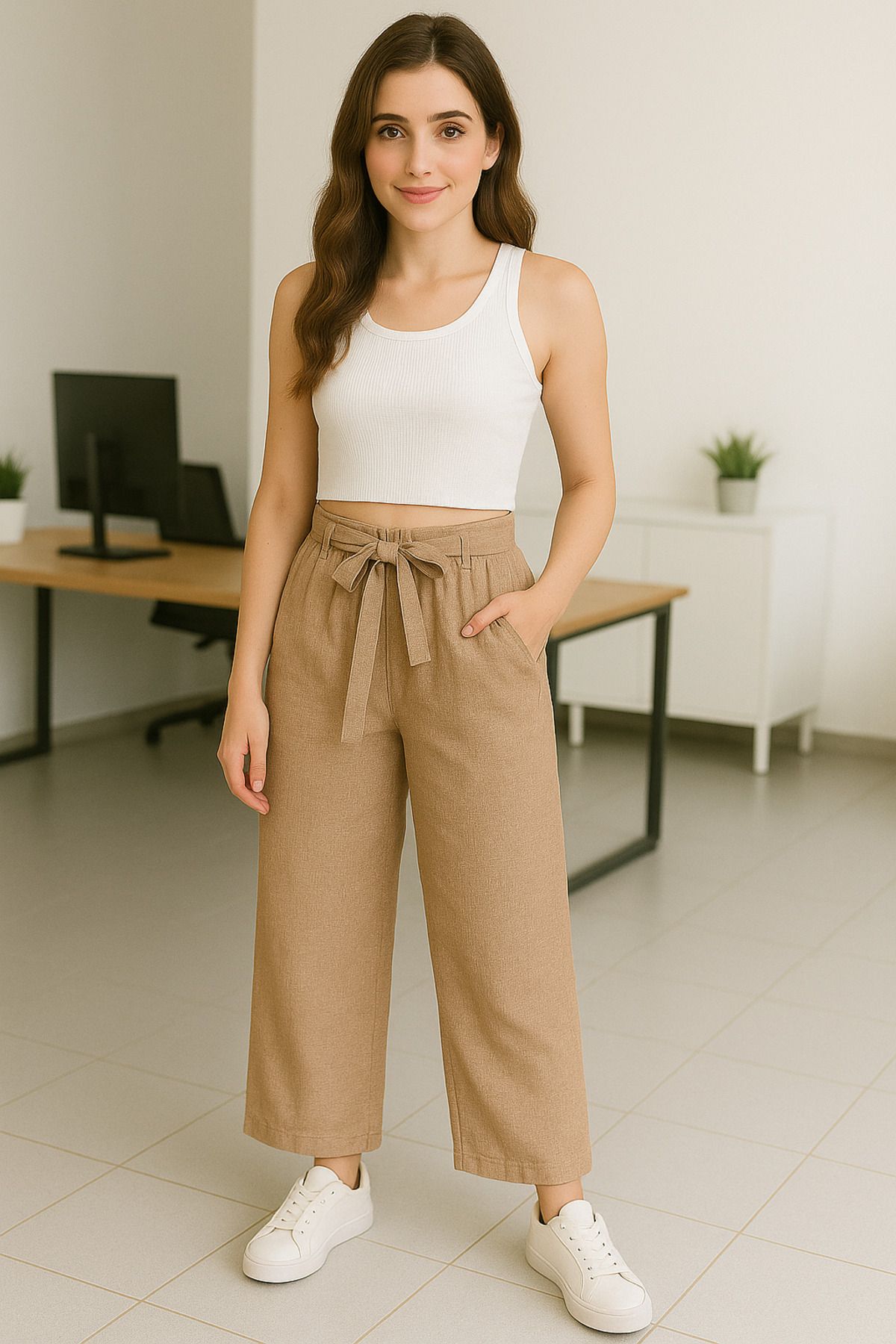 Hayalet Özel Tasarım Beli Lastikli Yandan Cepli Bol Paça Keten Pantolon - M/XL