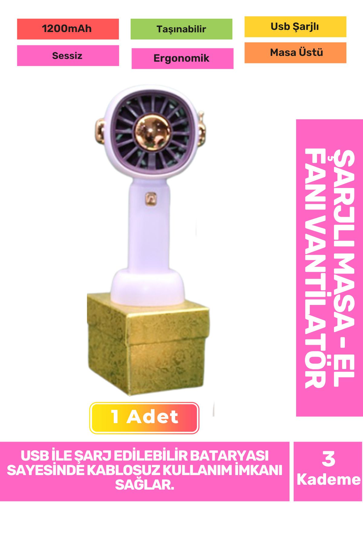 Fantazer 3 Kademeli Ultra Sessiz Hafif Kablosuz 1200mAh Pervaneli Taşınabilir Usb Şarj Masa El Fan Vantilatör