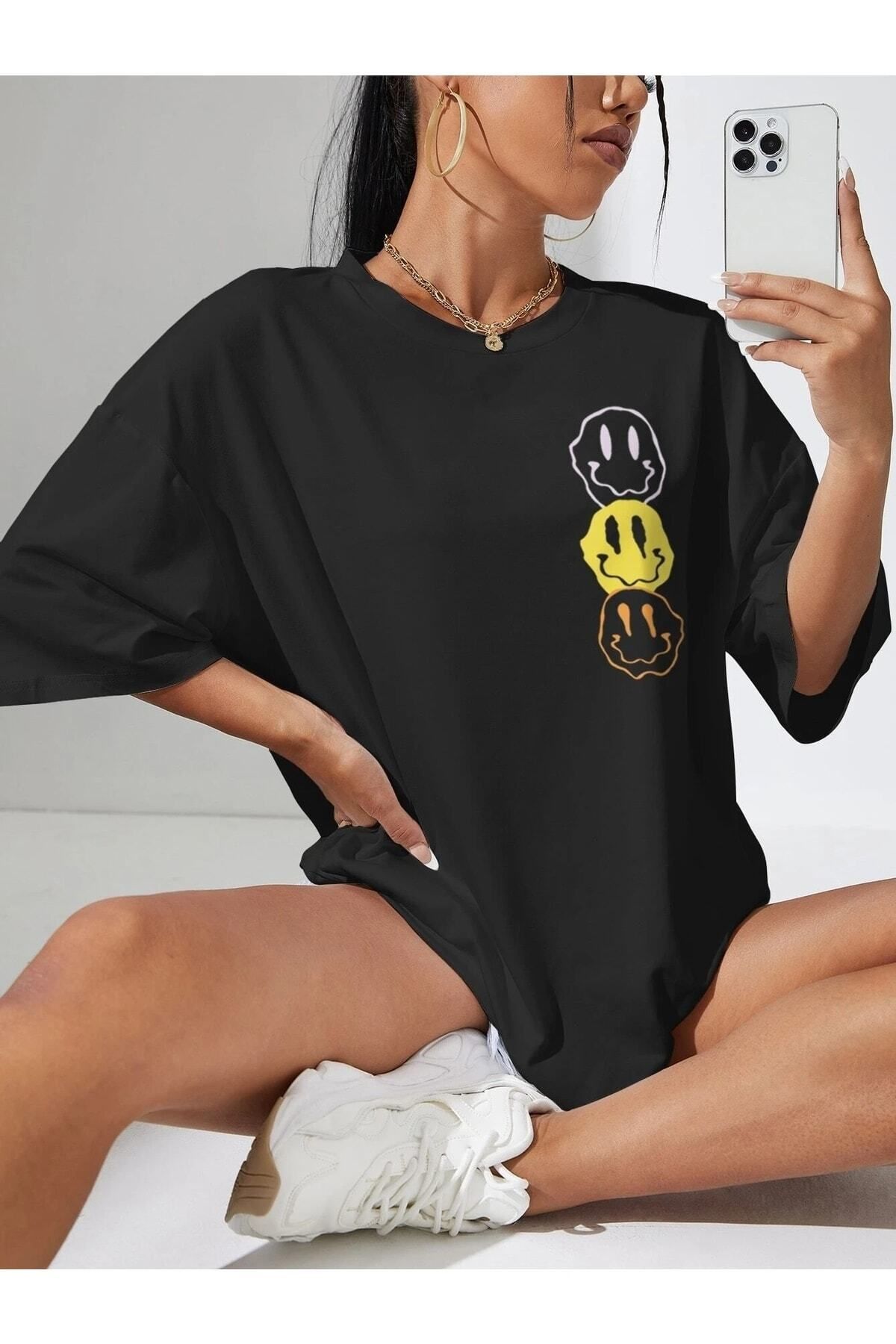 Hunors Sportswear & Company Smile Baskılı Kadın / Kız Oversize Salaş T-shirt Boyfirend