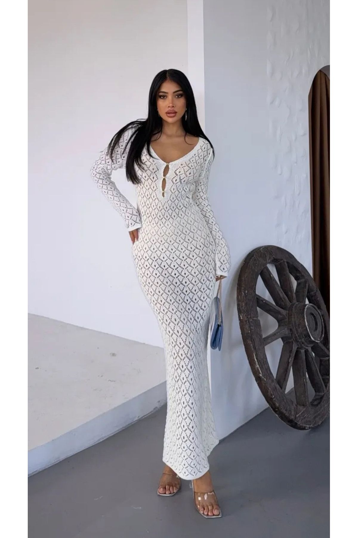 Noi Belis Maxi Boy V Yaka Ajurlu/Delikli Yazlık Elbise SS25EL0008
