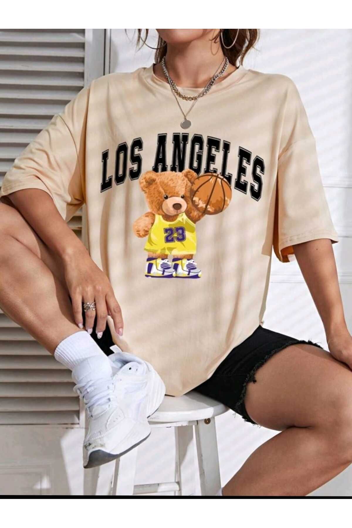 Boi Kadın / Kız Losangel 23 Baskılı Oversize Salaş Bej T-shirt Ünisex Boyfirend