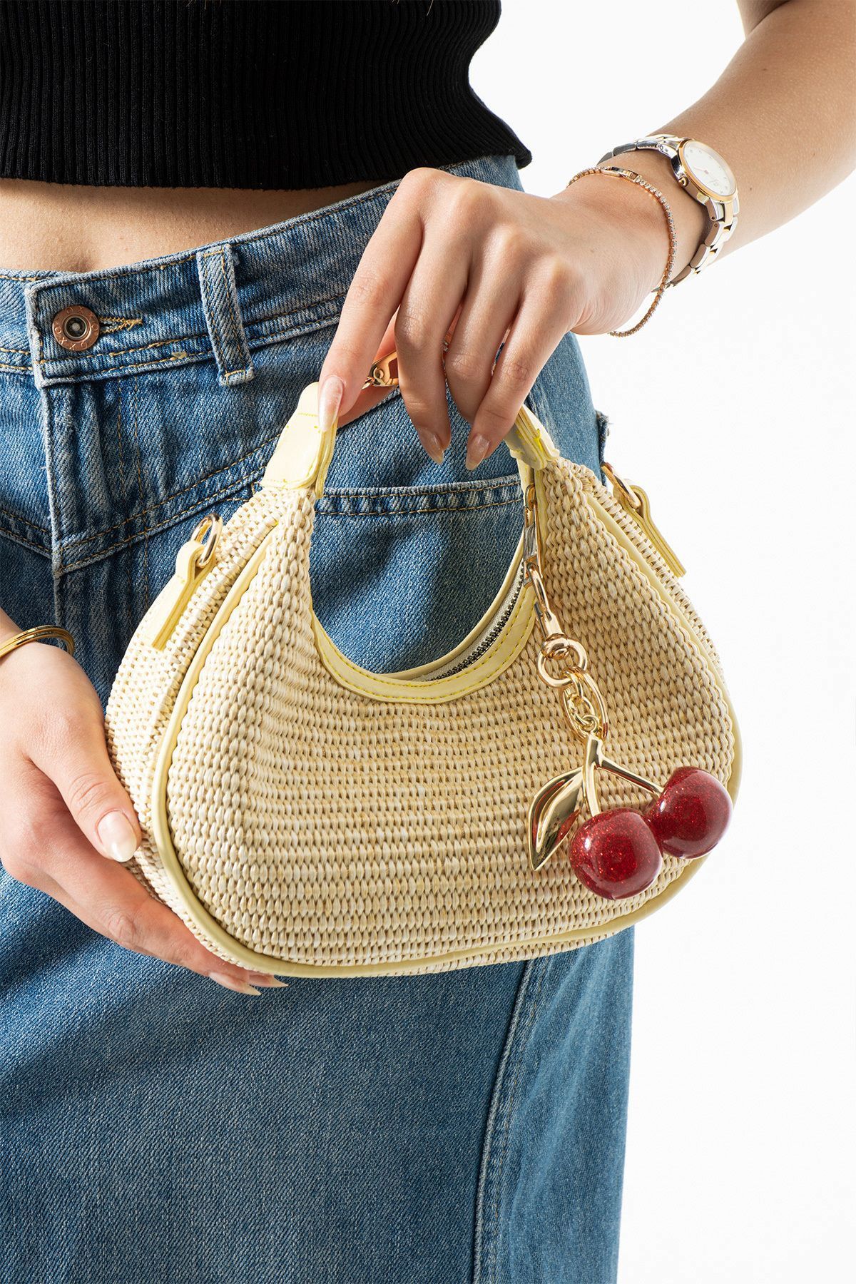 Assia Atelier Charm Hediyeli Kiraz Aksesuarlı Hasır Dokulu Yazlık Kadın Çanta (Omuz & Askılı)