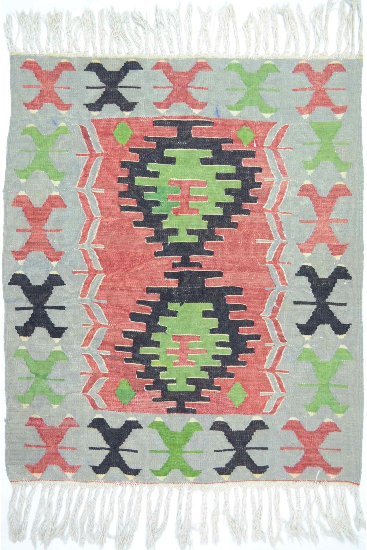 Handmade Yünden El Dokuma Gri, Kırmızı ve Yeşil Renk Uşak Kilim 91x112 cm (1.02 m²)