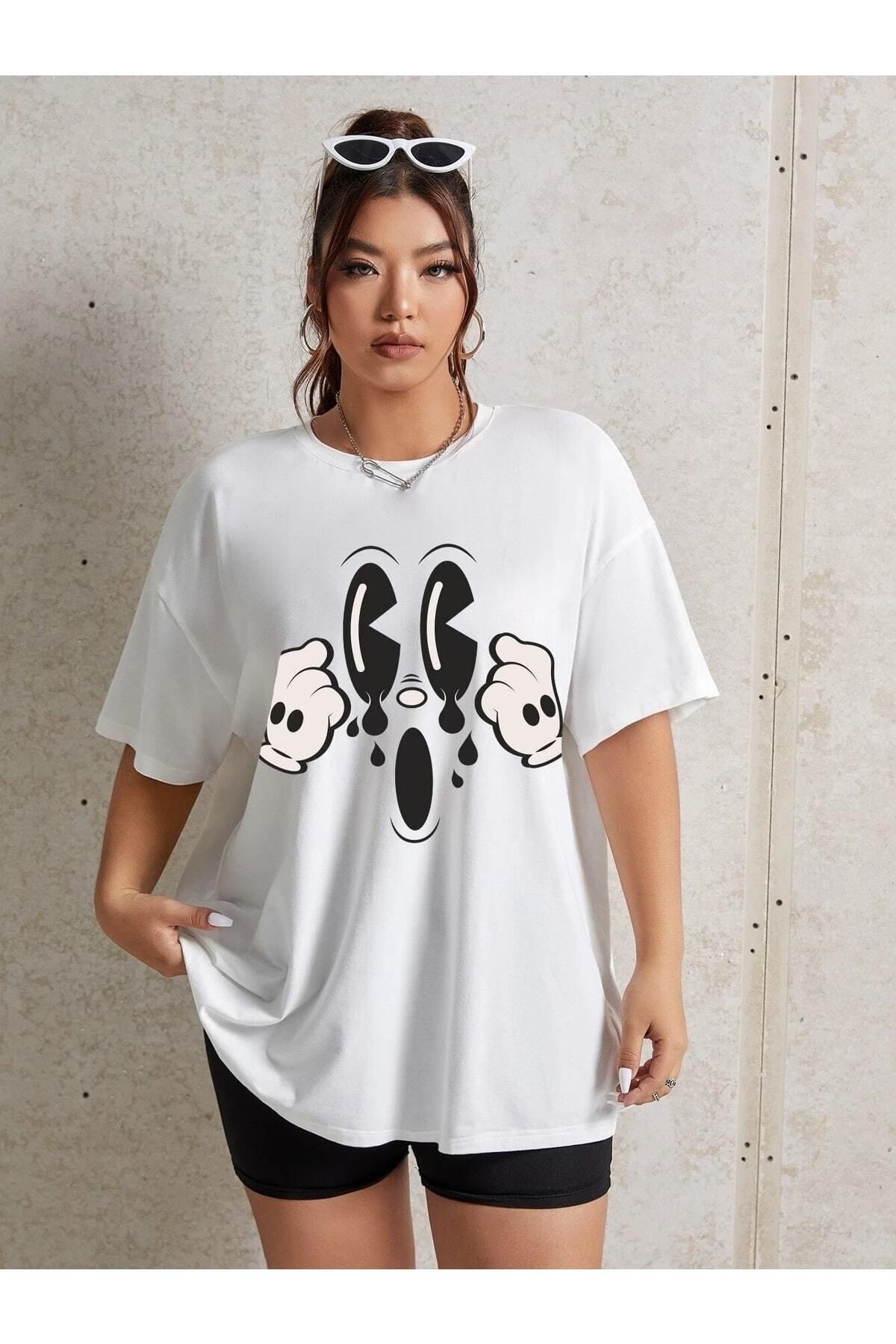 Hunors Sportswear & Company Kadın / Kız Karikatür Baskılı Beyaz Oversize T-shirt Salaş Boyfirend