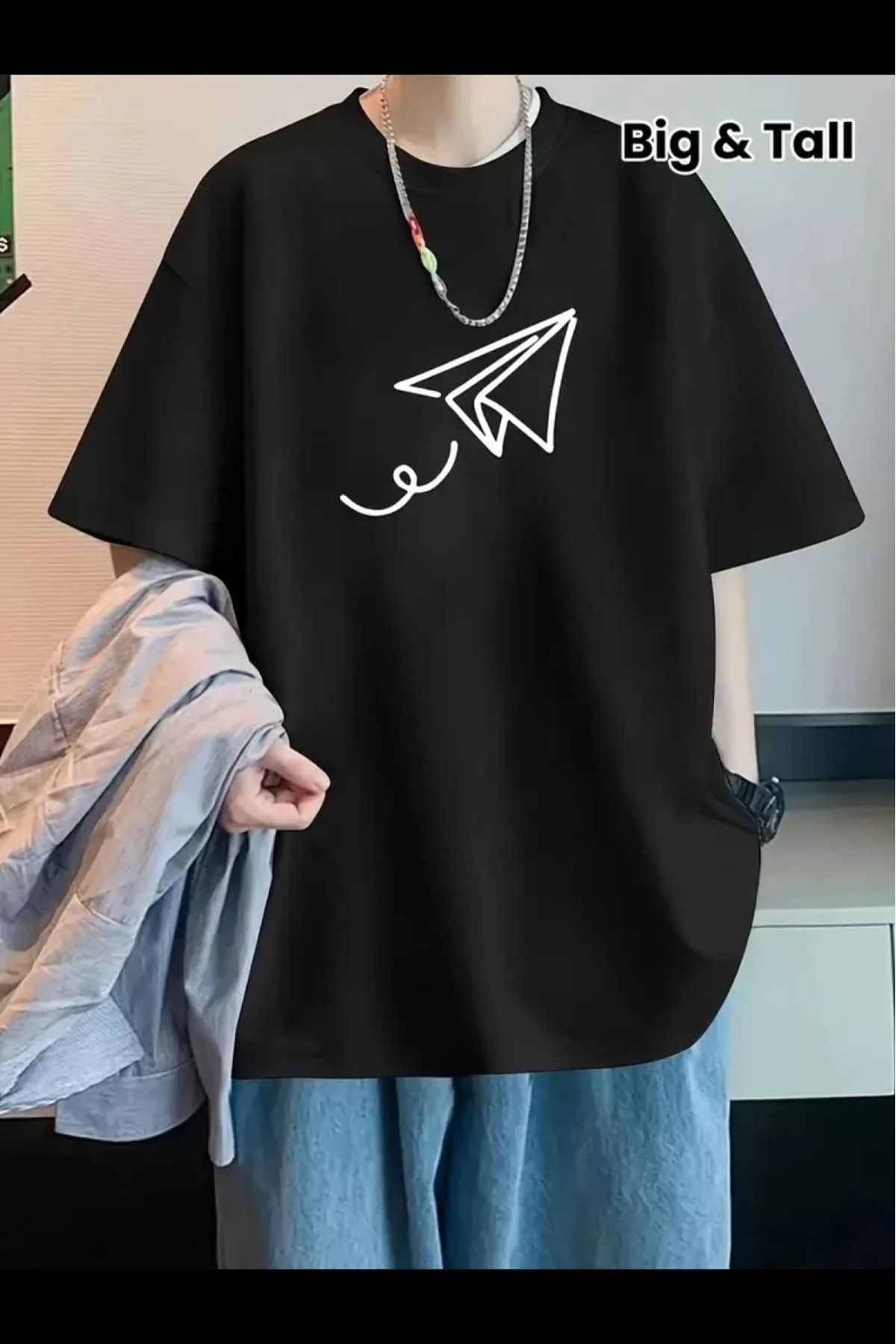 cakır and moniva Uçak Baskılı Oversize Bisiklet Yaka Kısa Kol Erkek T-shirt