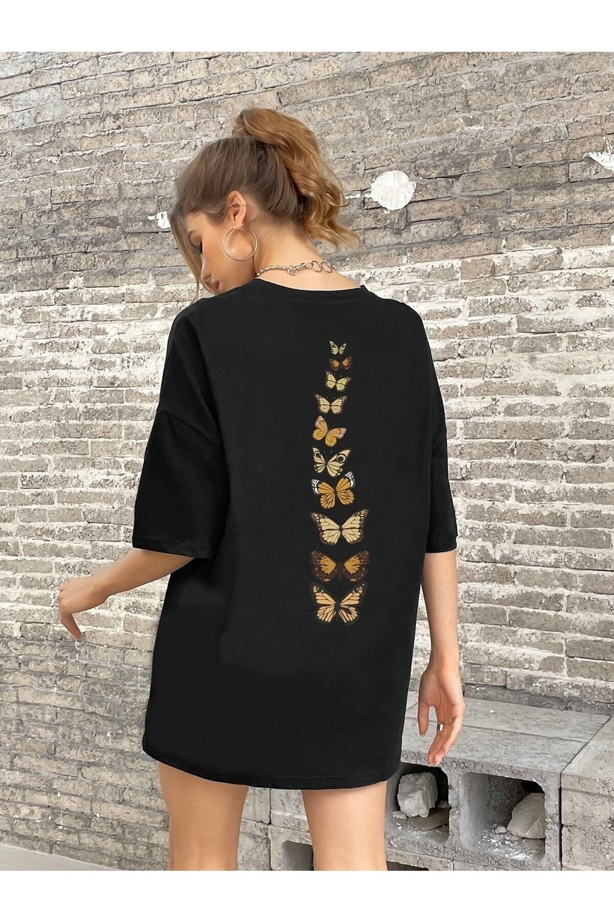 Boi Butterflies Baskılı Kadın / Kız Oversize Salaş T-shirt Boyfirend