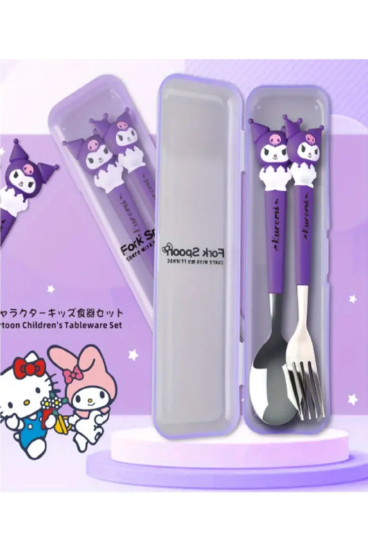 BABUN 2 li Paslanmaz Çelik Sanrio Kuromi Hello Kitty My Melody Çatal Kaşık Takımı Çocuk Çatalı Kaşığı
