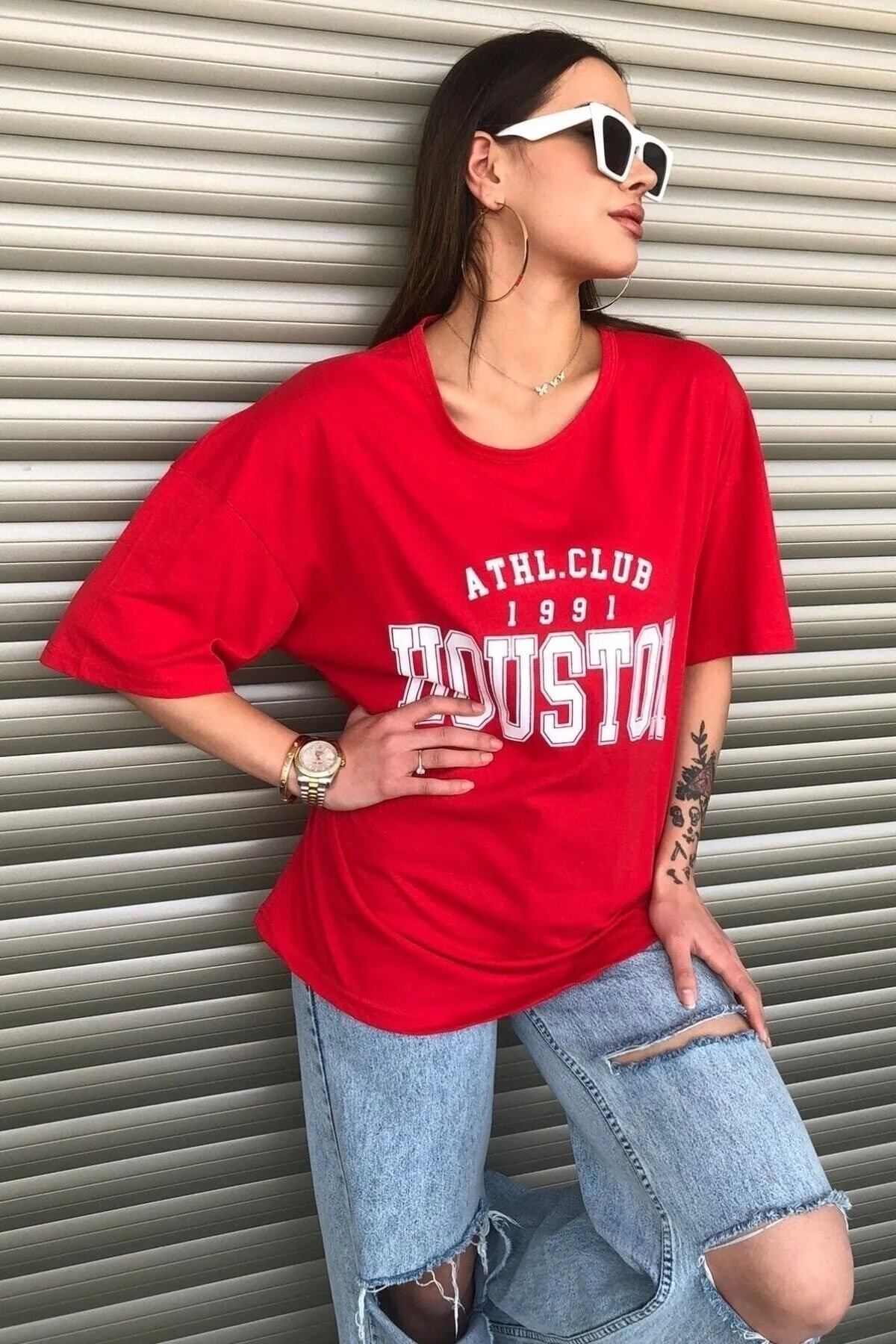 Boi Houston Baskılı Kadın / Kız Oversize Kırmızı Salas T-shirt Boyfriend