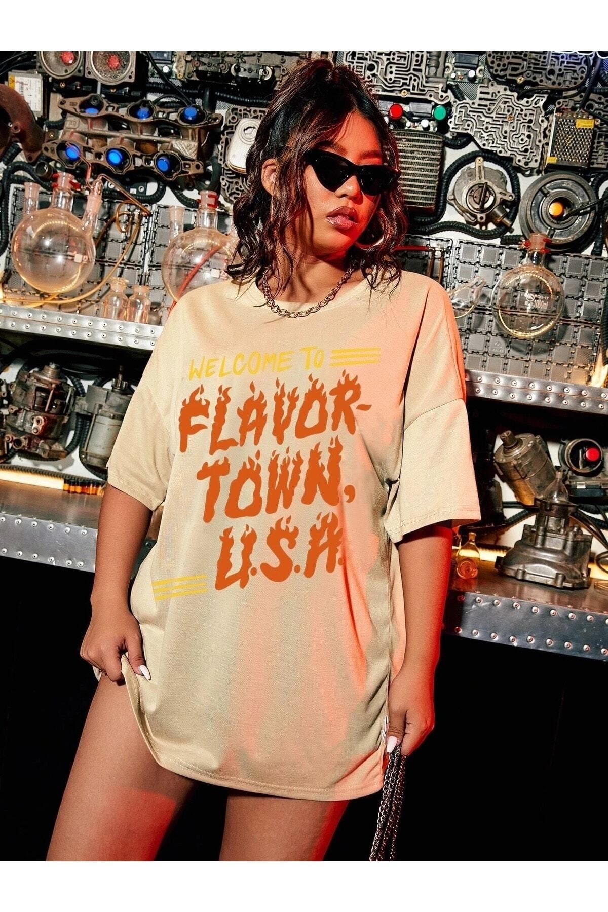 Hunors Sportswear & Company Kadın / Kız Bej Oversize T-shirt Flavor Town U-s-a Baskılı
