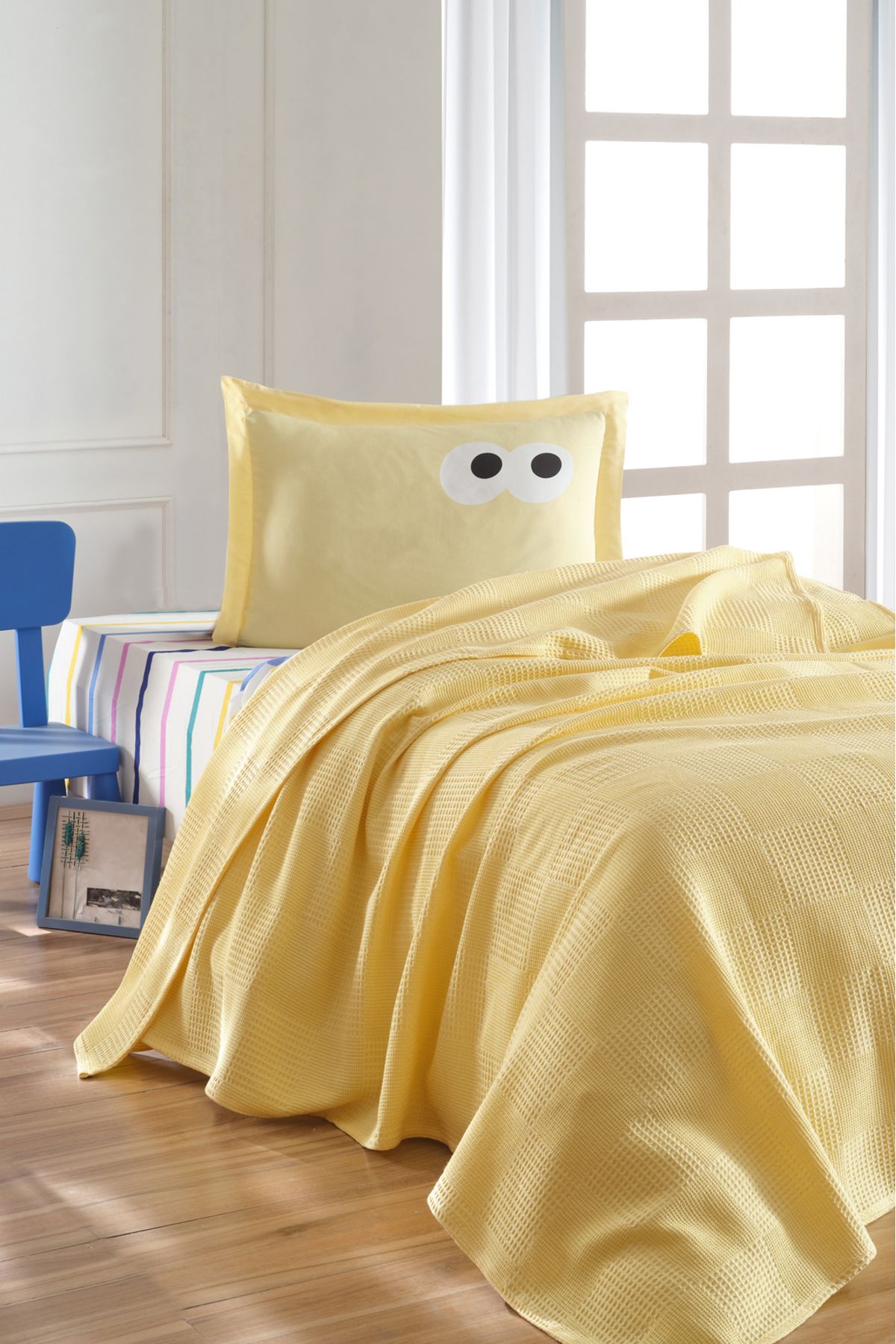 Eponj Home Lastikli Çarşaflı Pike Takımı Tek Kişilik %100 Pamuk 3 Parça Funny Desenli Sarı – Weave Serisi
