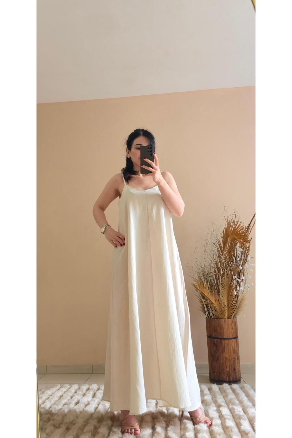 FEMİNEER.com KREM UZUN ASKILI ELBİSE