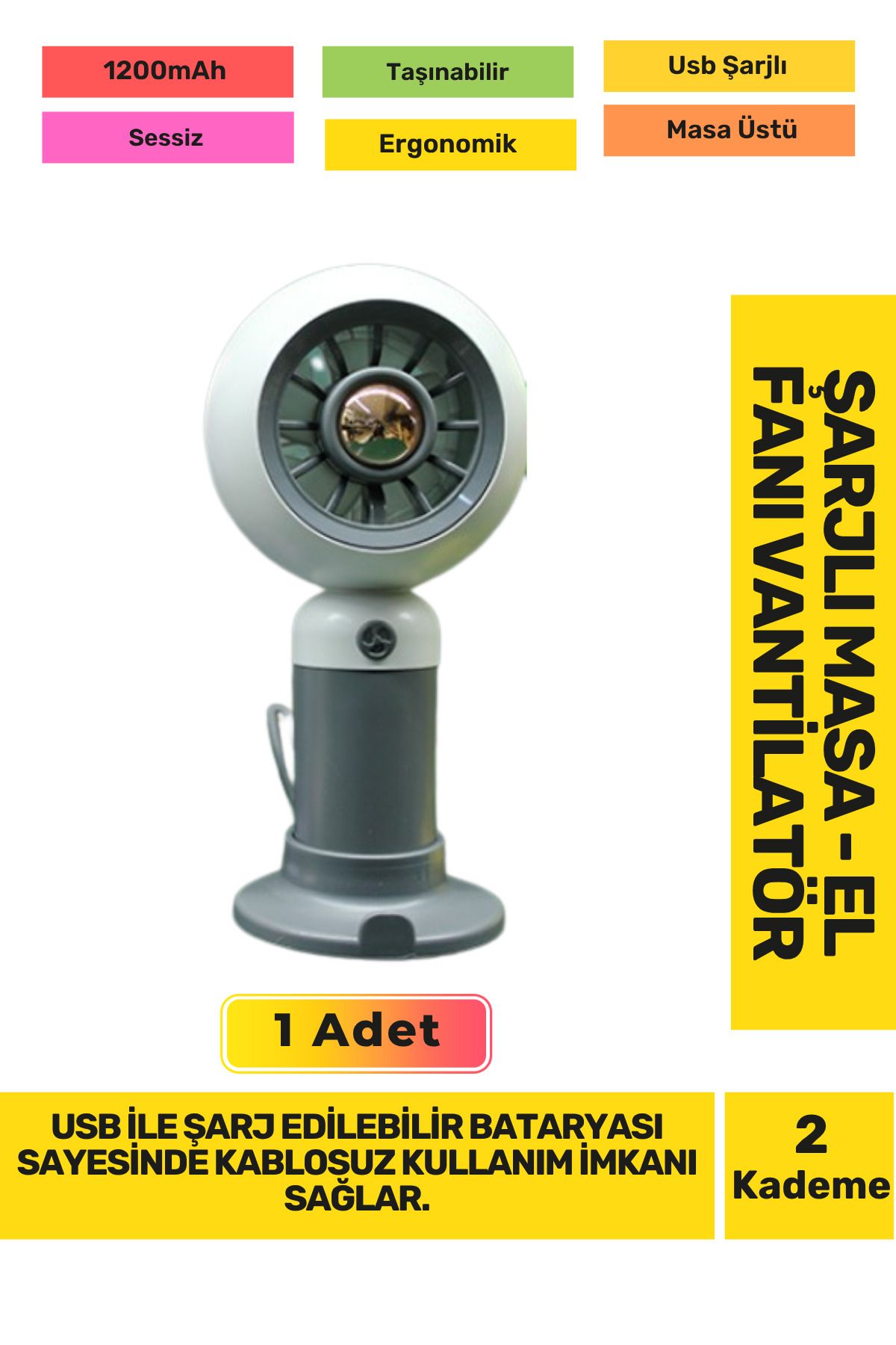 Fantazer Ultra Sessiz 2 Kademeli Hafif Kablosuz 1200mAh Pervaneli Taşınabilir Usb Şarj Masa El Fan Vantilatör